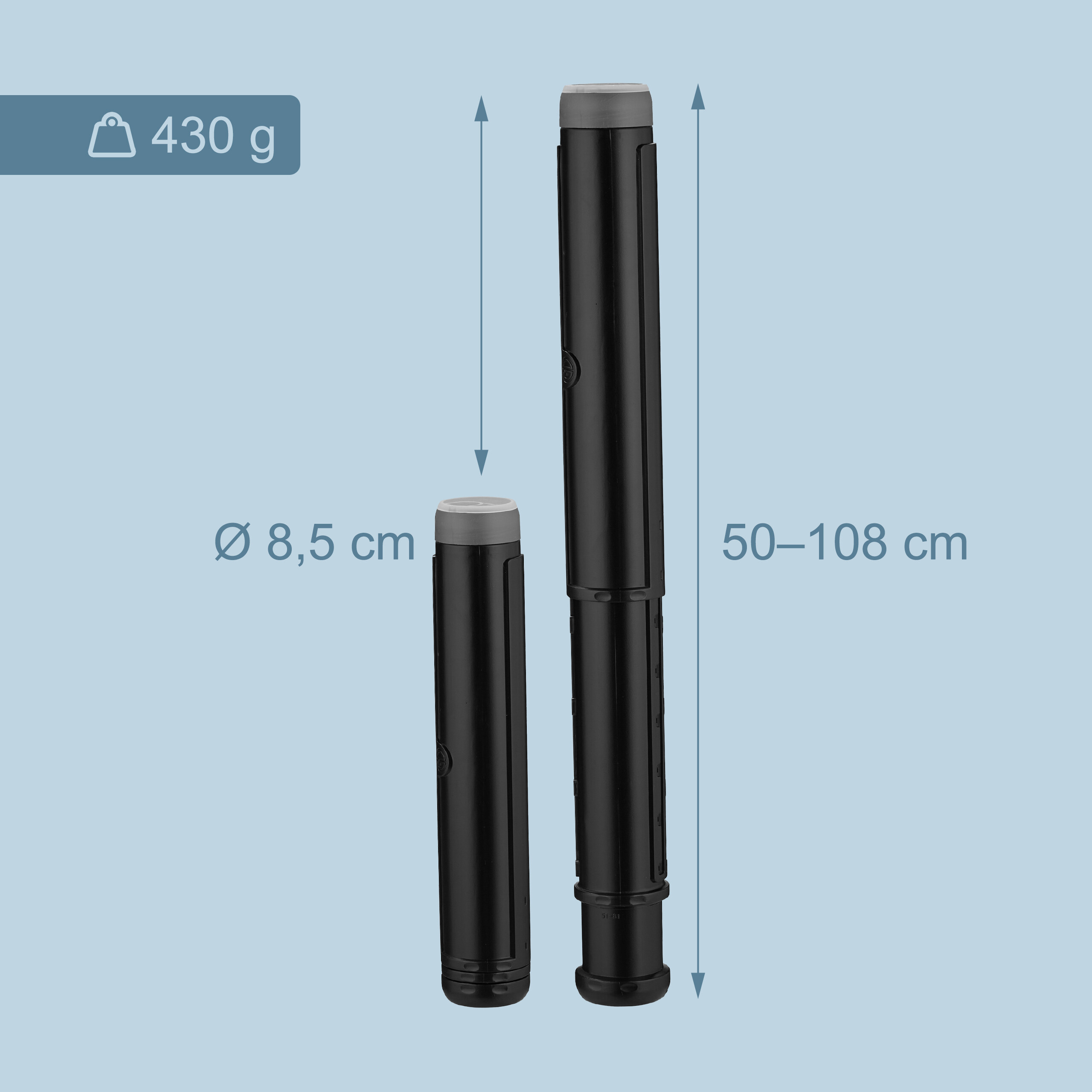 Zwei schwarze Teleskop-DokumentenröHren mit Maßen von 8,5 cm Durchmesser, 430 g Gewicht und 50-108 cm Länge auf hellblauem Grund.