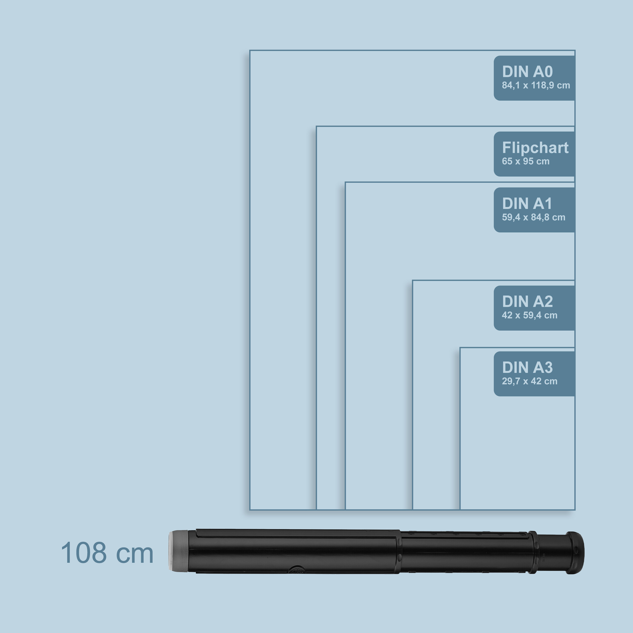 Diagramm zeigt verschiedene Papierformate und einen 108 cm langen schwarzen Stab auf blauem Hintergrund.