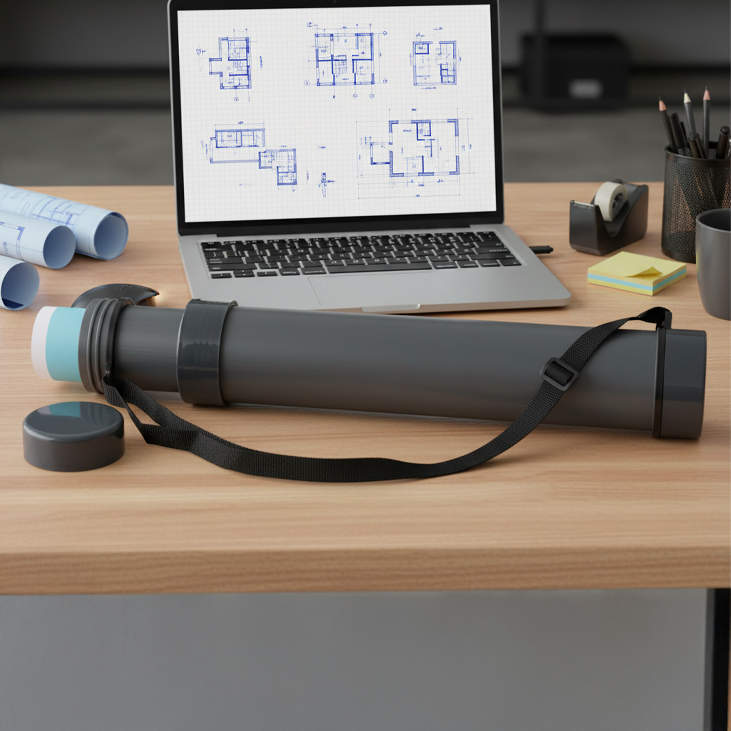 Ein Holztisch mit Laptop mit Bauplänen, Plänen, einer Planrolle, Stiften und Haftnotizen.