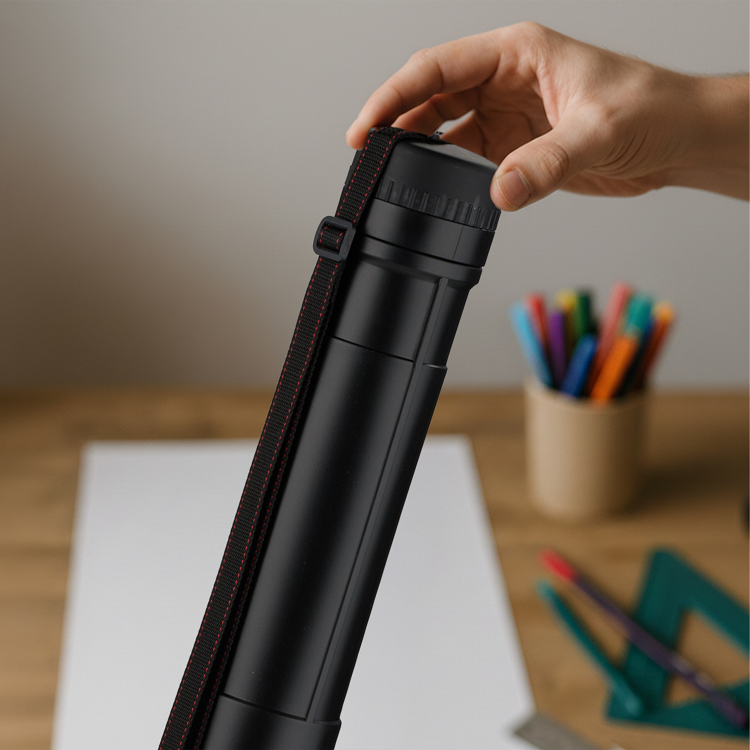 Eine Hand hält eine schwarze Transportrolle über einem Schreibtisch mit Papier und Stiften.