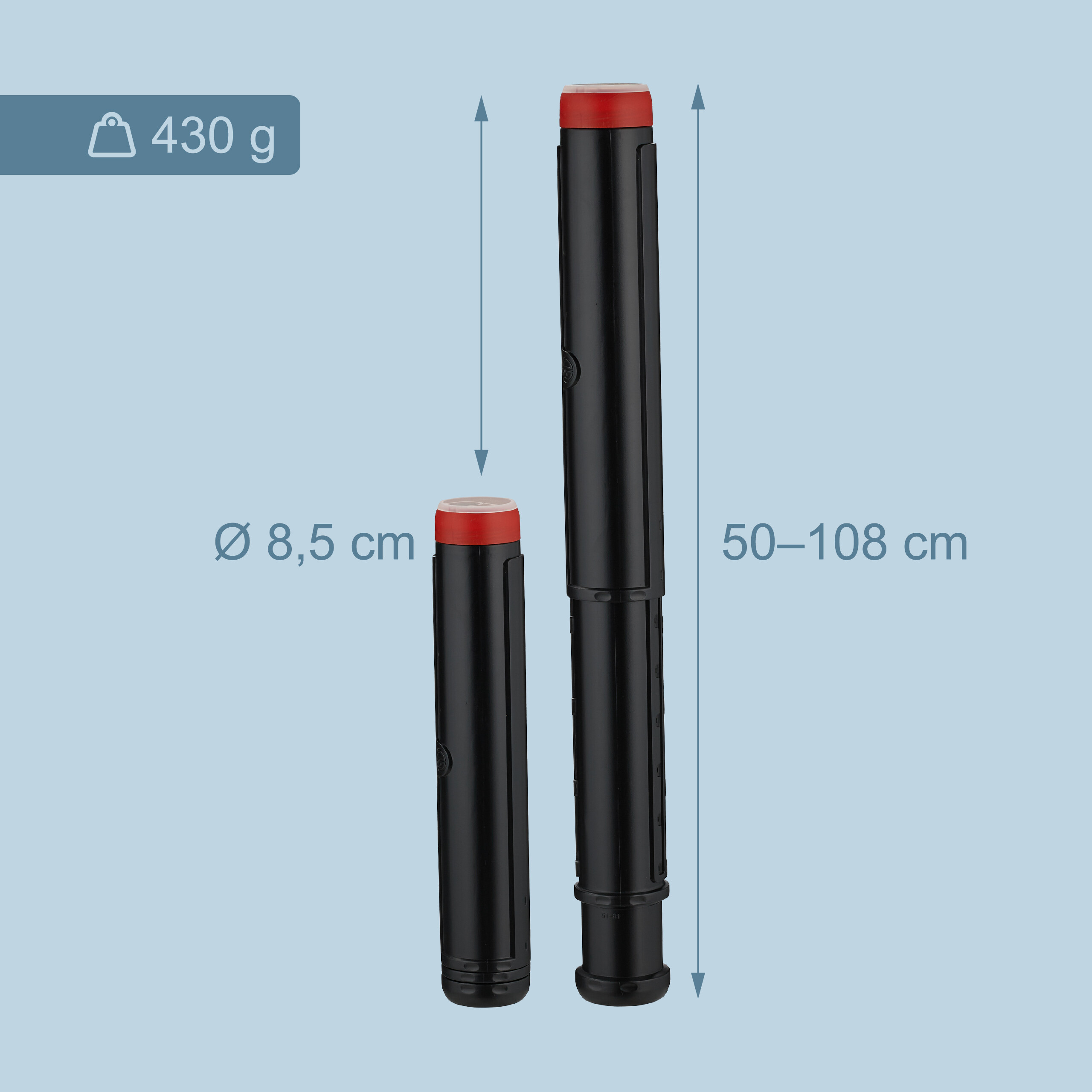 Zwei schwarze Teleskop-Plakatrohre mit roten Kappen, Durchmesser 8,5 cm, Länge 50-108 cm, Gewicht 430 g.