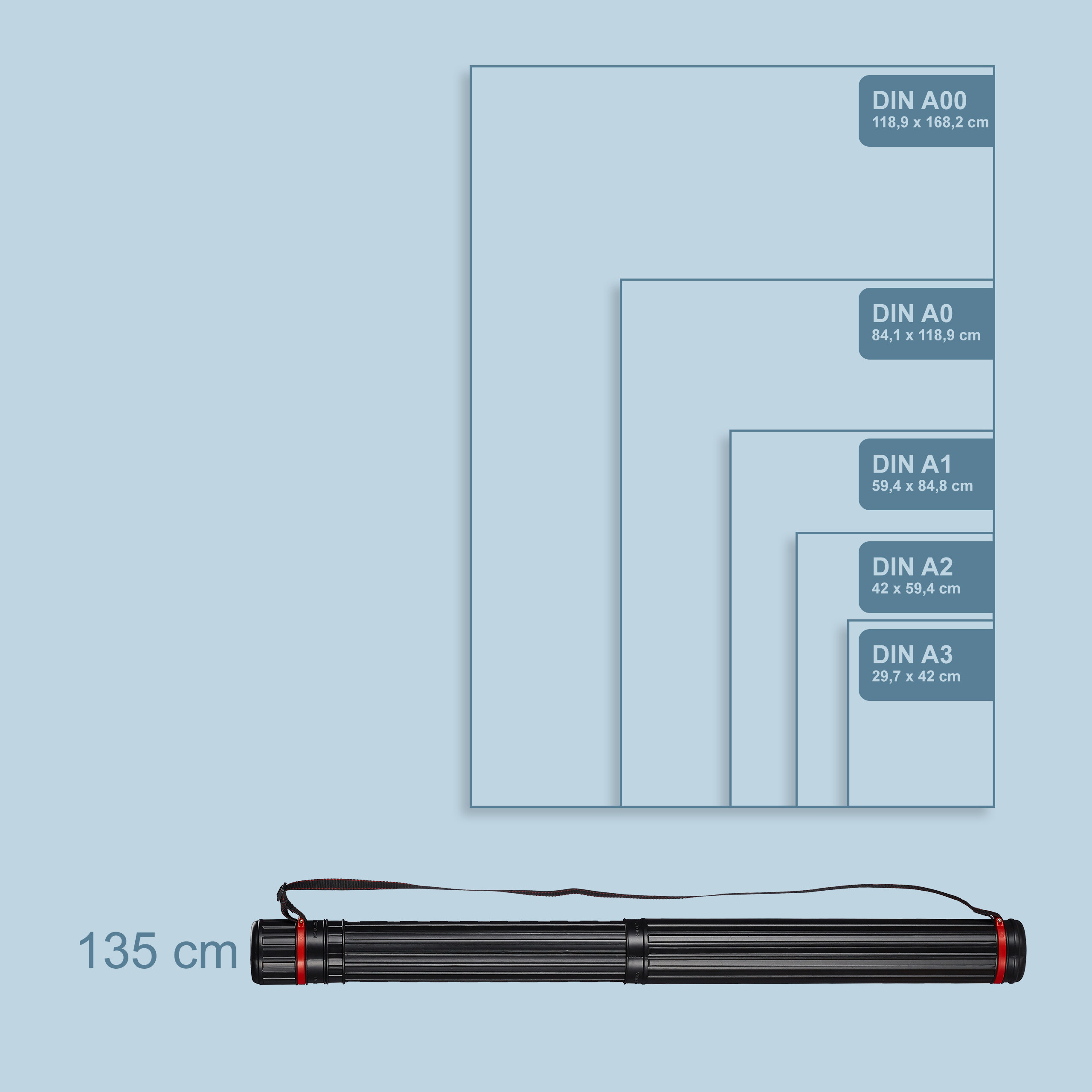 Diagramm zeigt DIN-Papierformate A00 bis A3 neben einer 135 cm langen schwarzen Transportrolle.