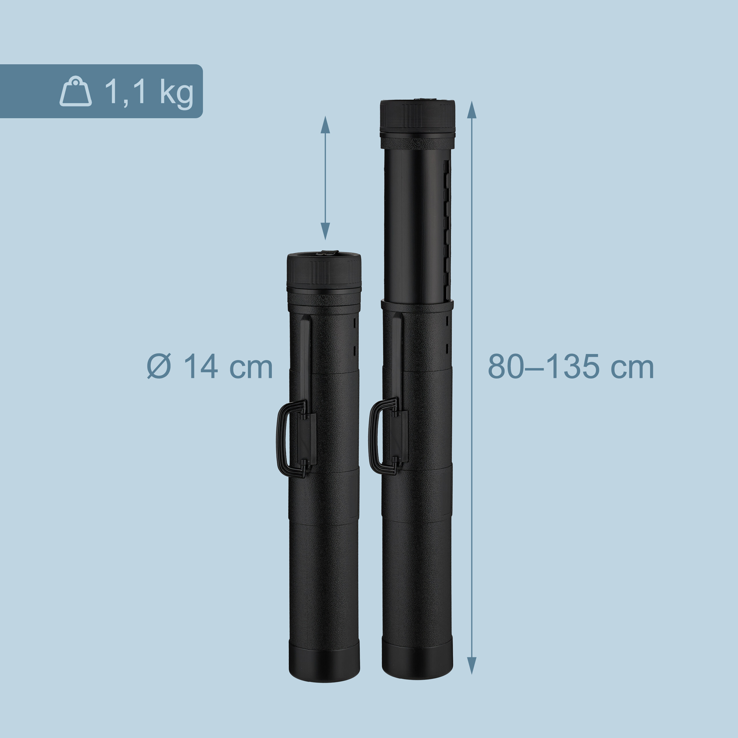 Zwei schwarze Transportrohre mit Griffen, Durchmesser 14 cm, höhenverstellbar von 80 bis 135 cm, Gewicht 1,1 kg.