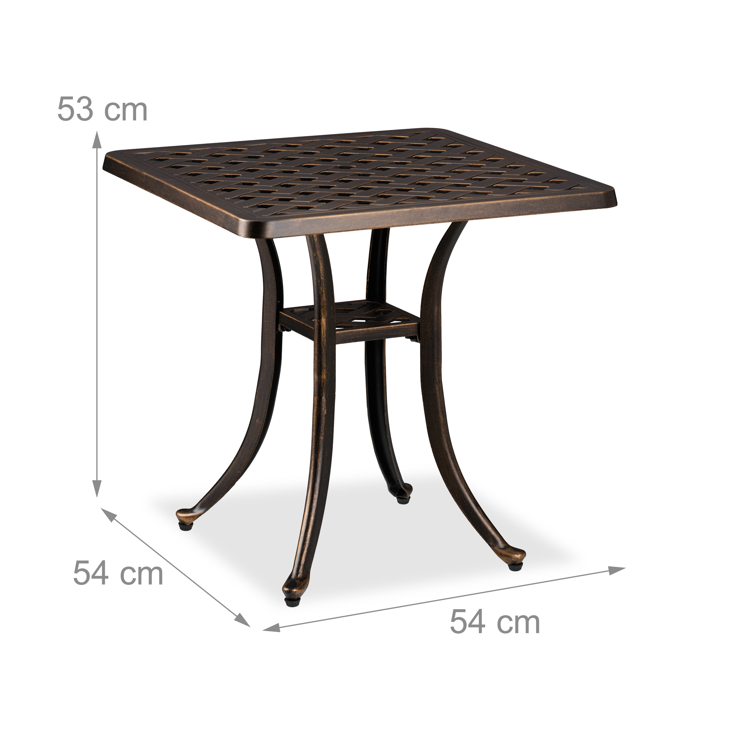 Quadratischer, bronzefarbener Beistelltisch aus Metall mit Maßen 53x54x54 cm auf weißem Hintergrund.