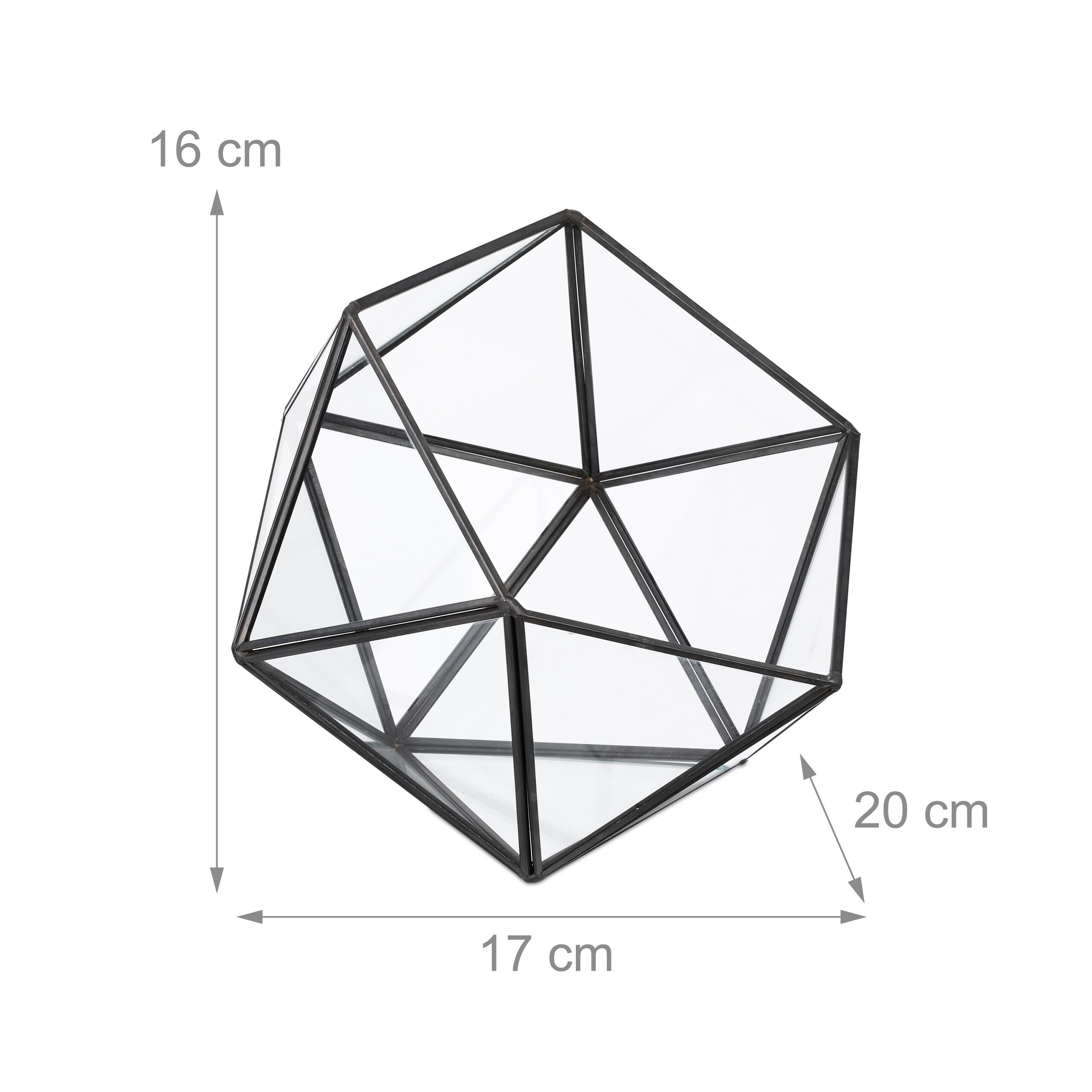 Ein geometrisches Glas-Terrarium mit schwarzem Metallrahmen und Maßangaben in cm.