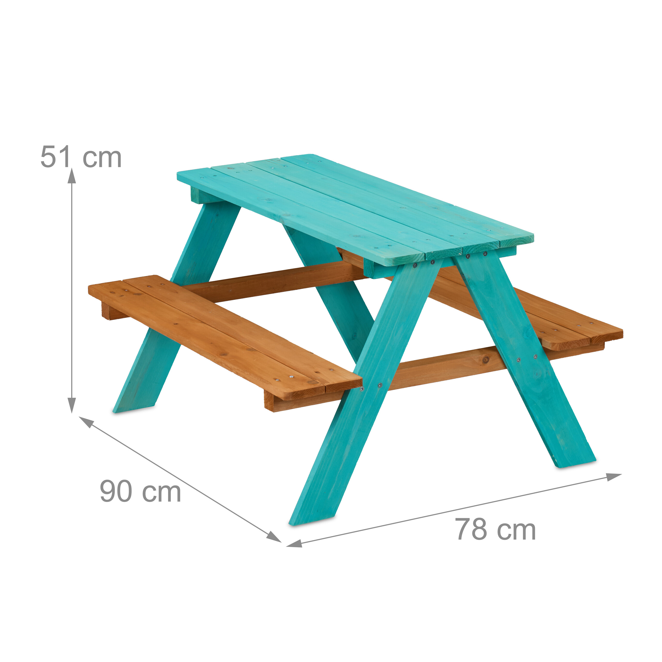 Kindersitzgruppe aus Holz in Türkis und Braun mit Maßangaben.