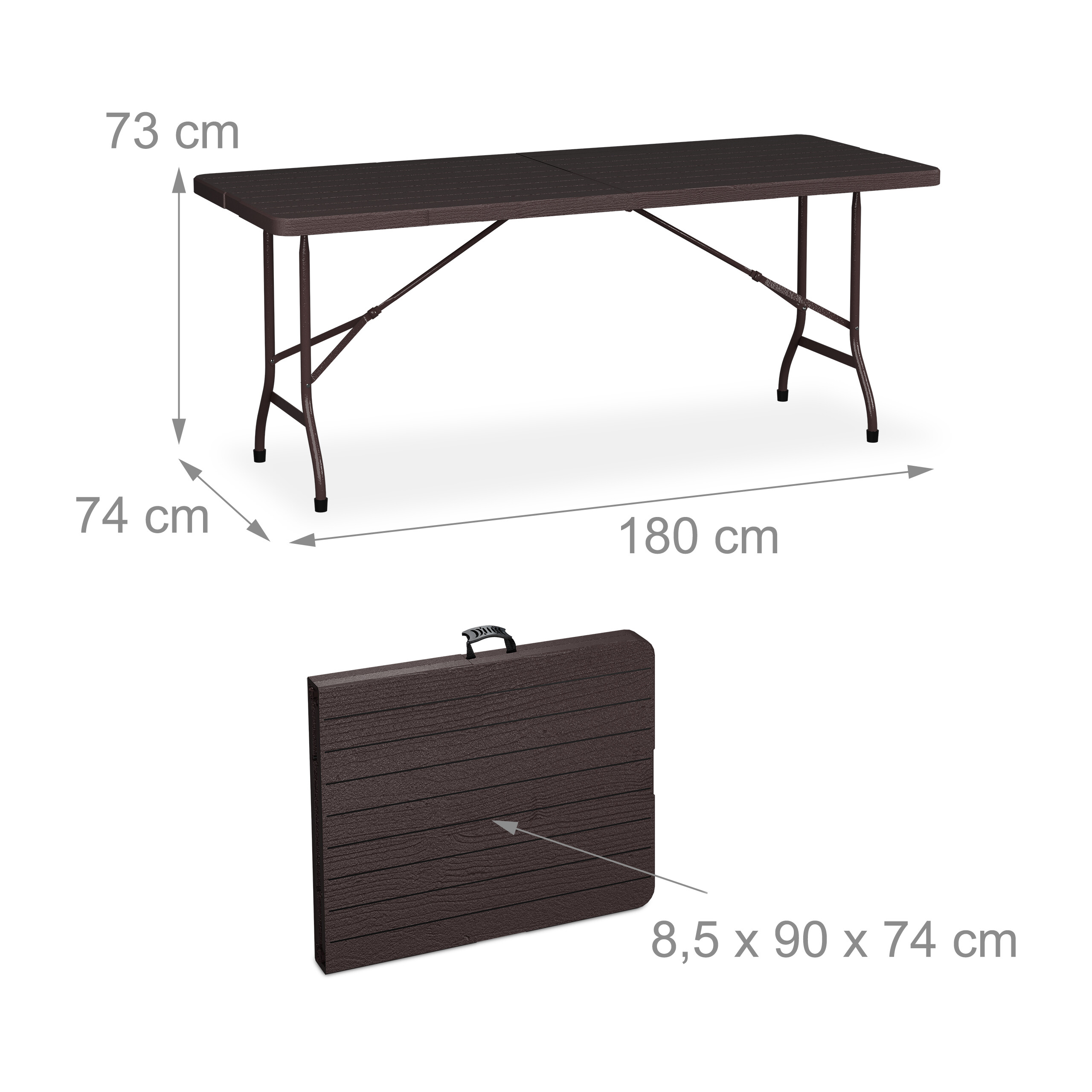 Brauner Klapptisch mit Metallbeinen und Maßangaben in Zentimetern sowie zusammengeklappter Transportversion.