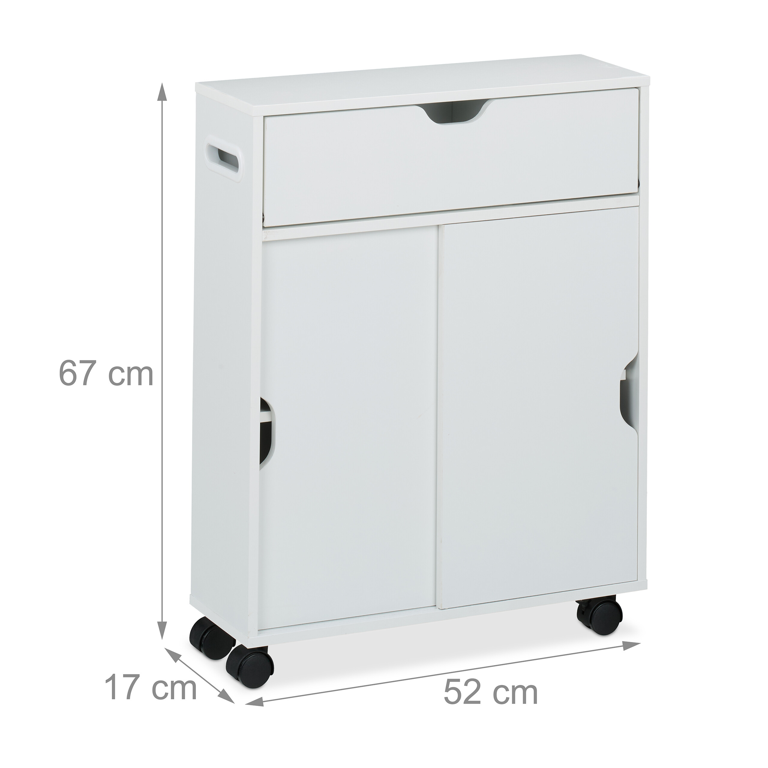 Weißer Badschrank auf Rollen mit einem Topf-Schubfach und einer zweitürigen Schranktür, Maße 52x17x67 cm.