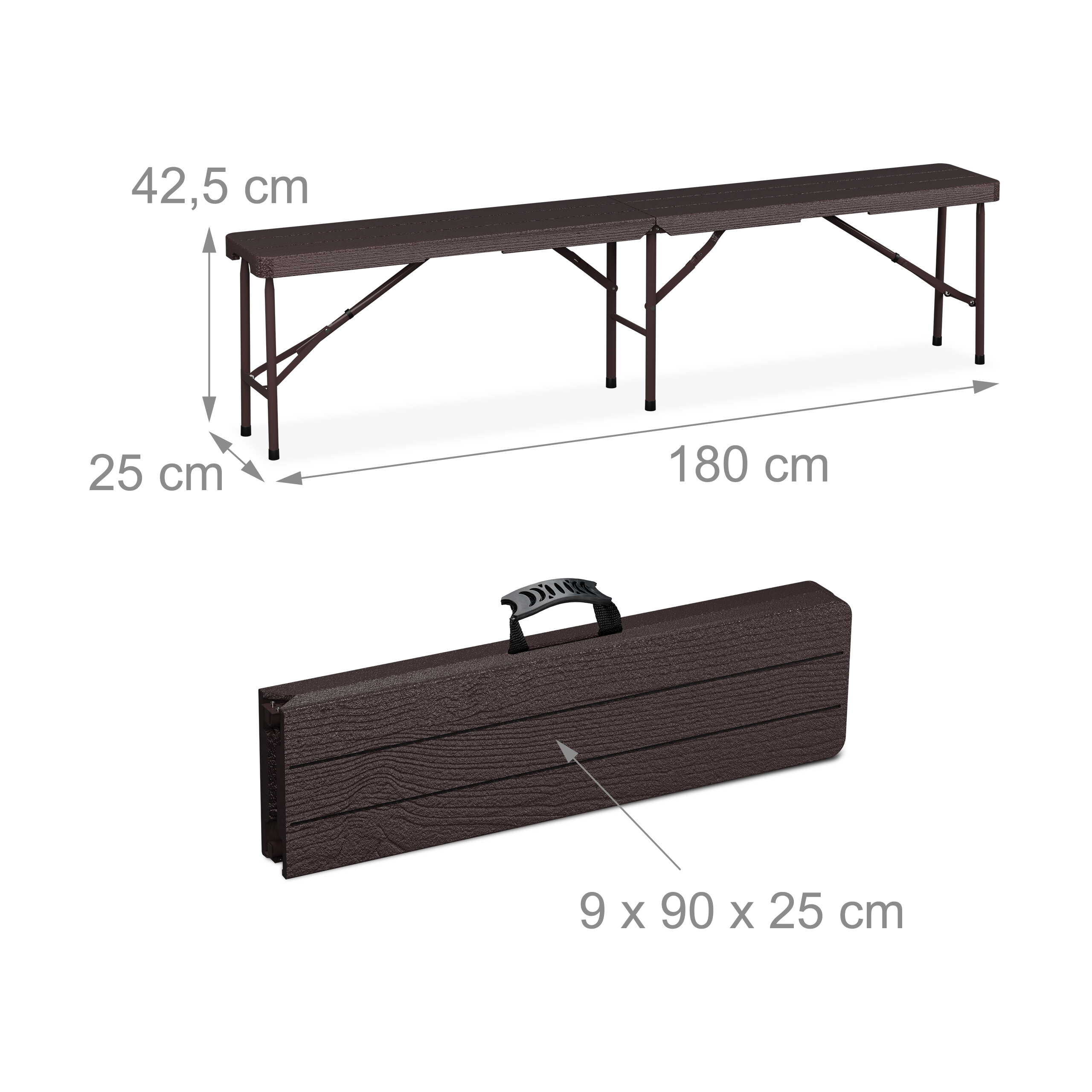 Braune, faltbare Gartenbank mit Maßen: 180x25x42,5 cm offen und 9x90x25 cm gefaltet mit Tragegriff.