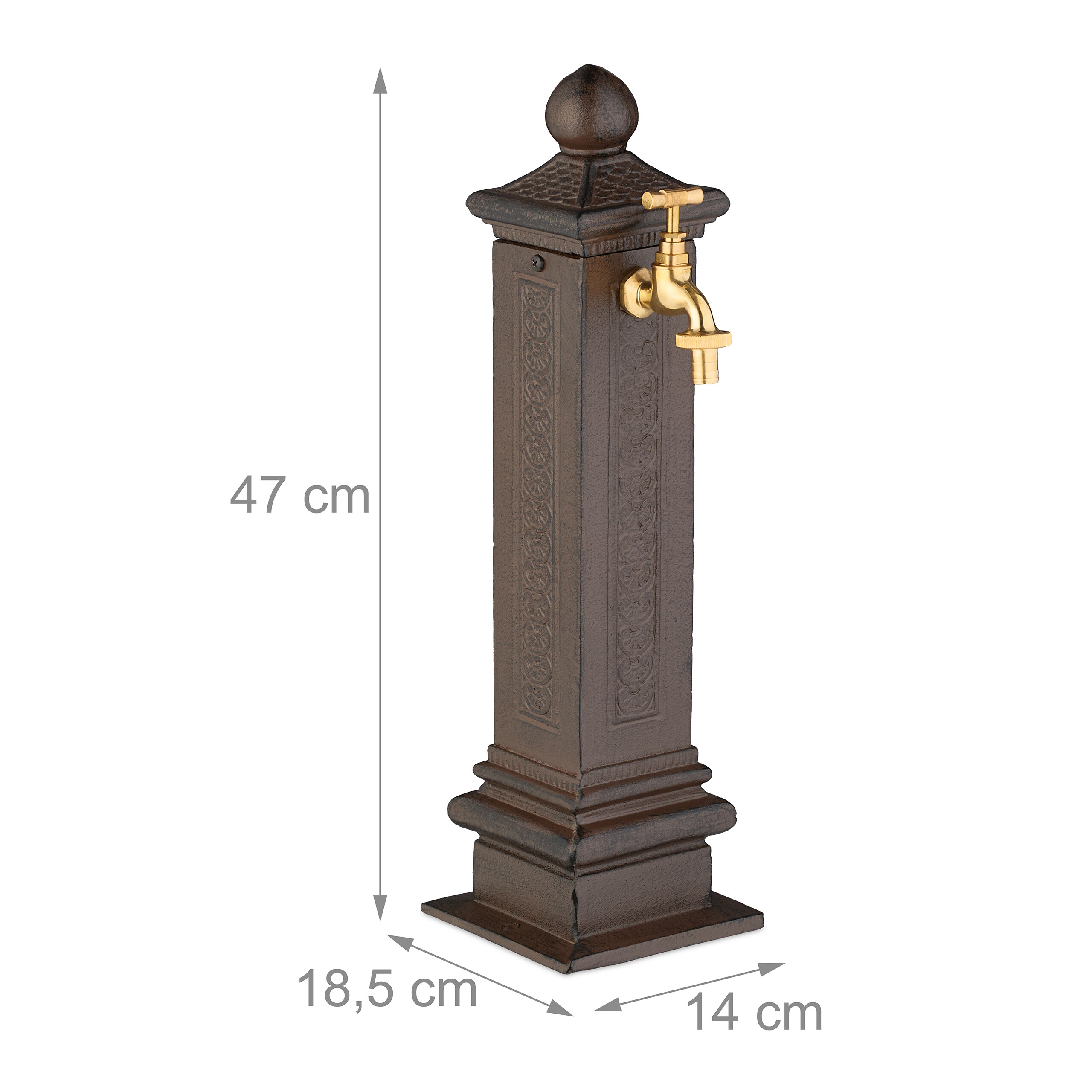 Braune Gusseisen-Gartenwassersäule mit Messing-Hahn, mit Maßlinien von 47 cm Höhe, 18,5 cm und 14 cm Basis.