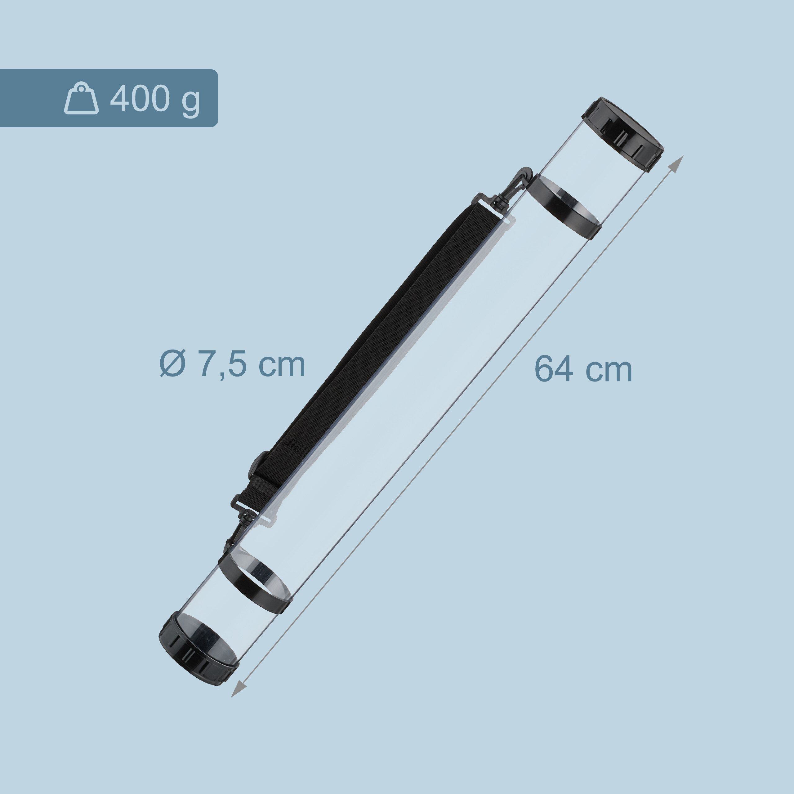 Transparente Transportrolle mit schwarzem Gurt, Deckel und Maßen: 400 g, Durchmesser 7,5 cm, Länge 64 cm.
