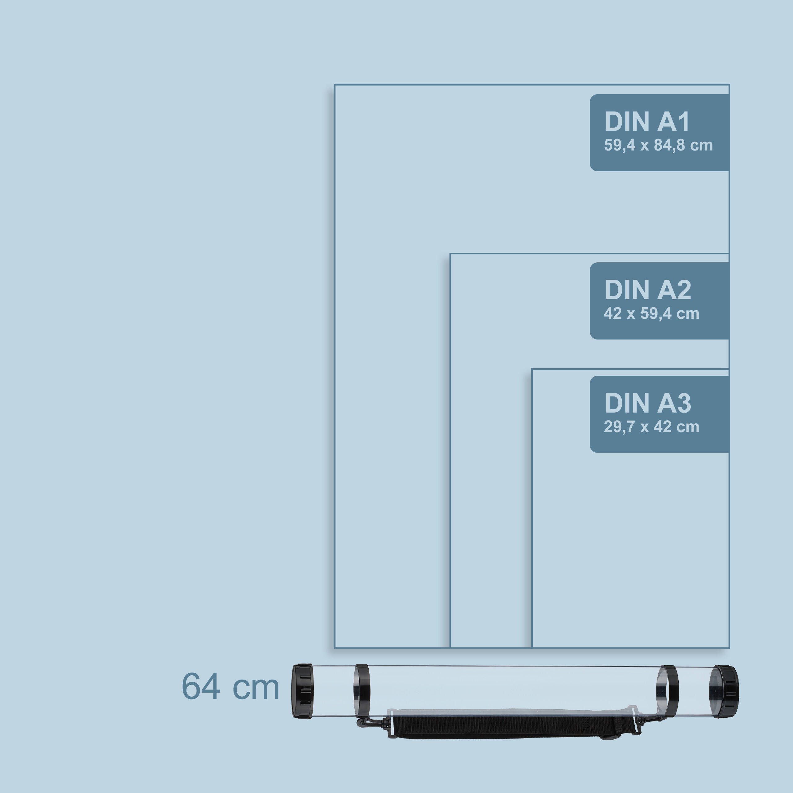 Diagramm zeigt DIN A1, A2, A3 Papiergrößen neben einer 64 cm Transportrolle.