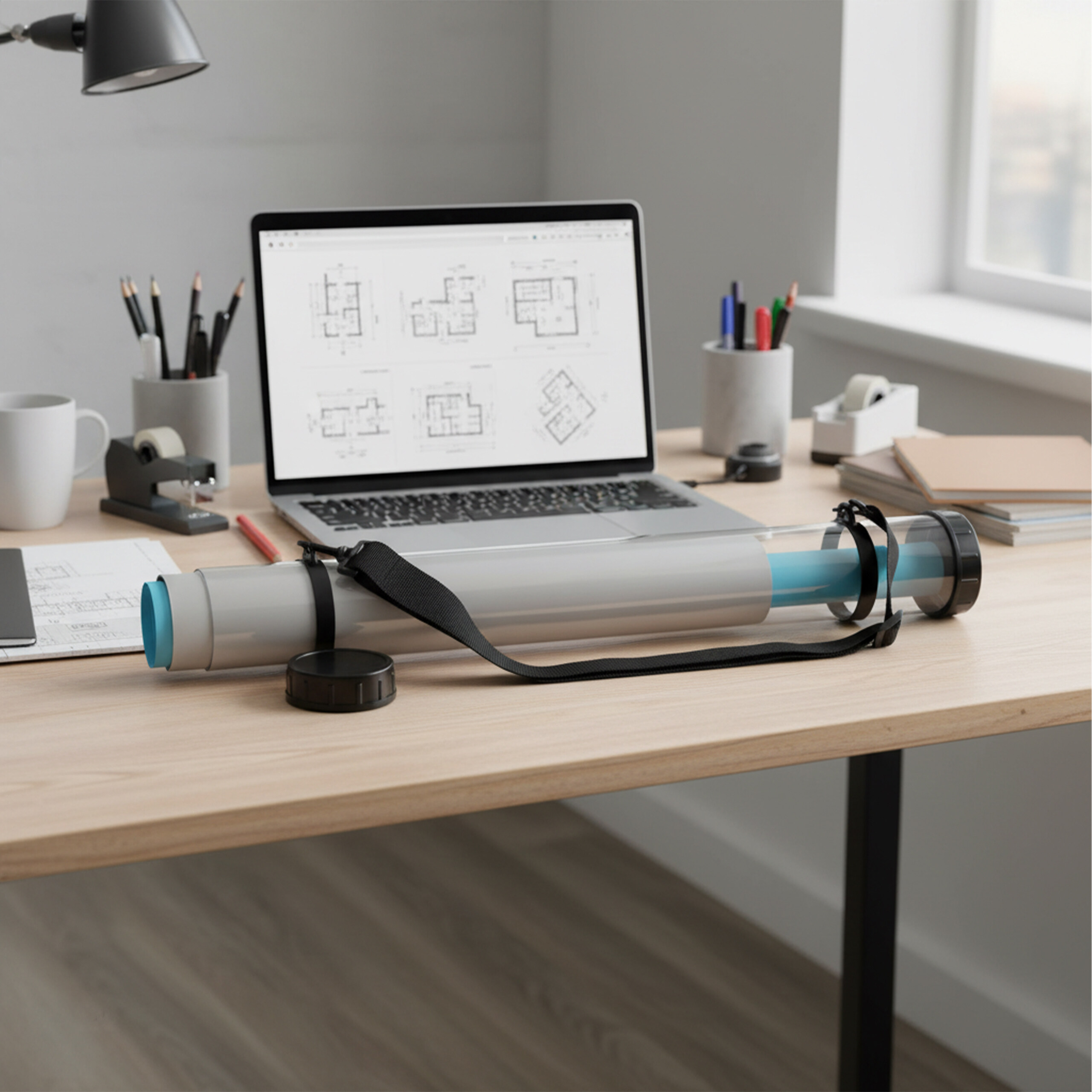 Ein Holztisch zeigt einen Laptop mit Plänen, eine Planrolle mit Gurt, Stifte und Notizbücher.