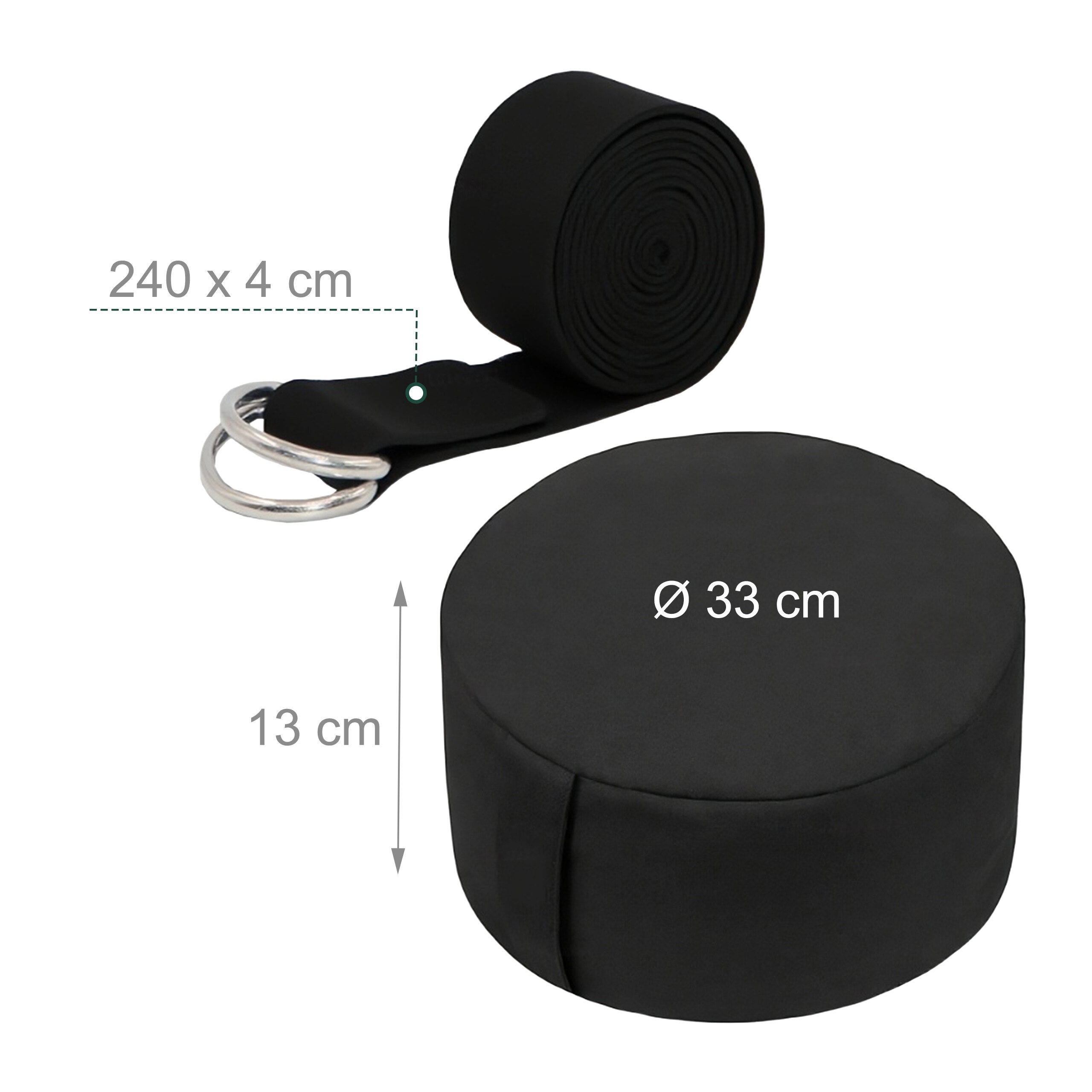 Ein schwarzes Meditationskissen und ein gerollter schwarzer Yogagurt mit Metall-D-Ringen, mit Maßangaben.