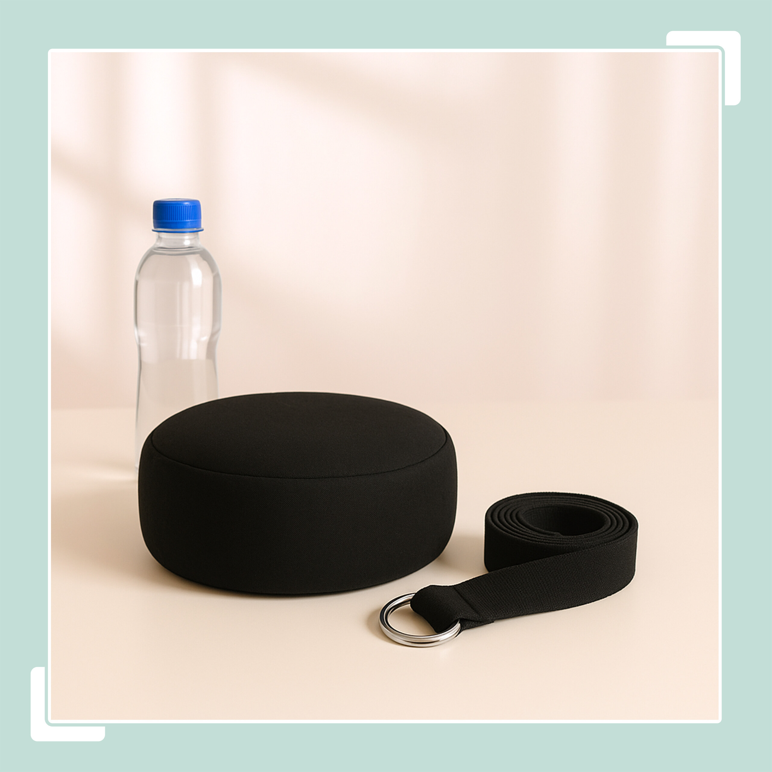 Ein schwarzes Meditationskissen, ein schwarzer Yogagurt mit Metallringen und eine Wasserflasche auf hellem Grund.