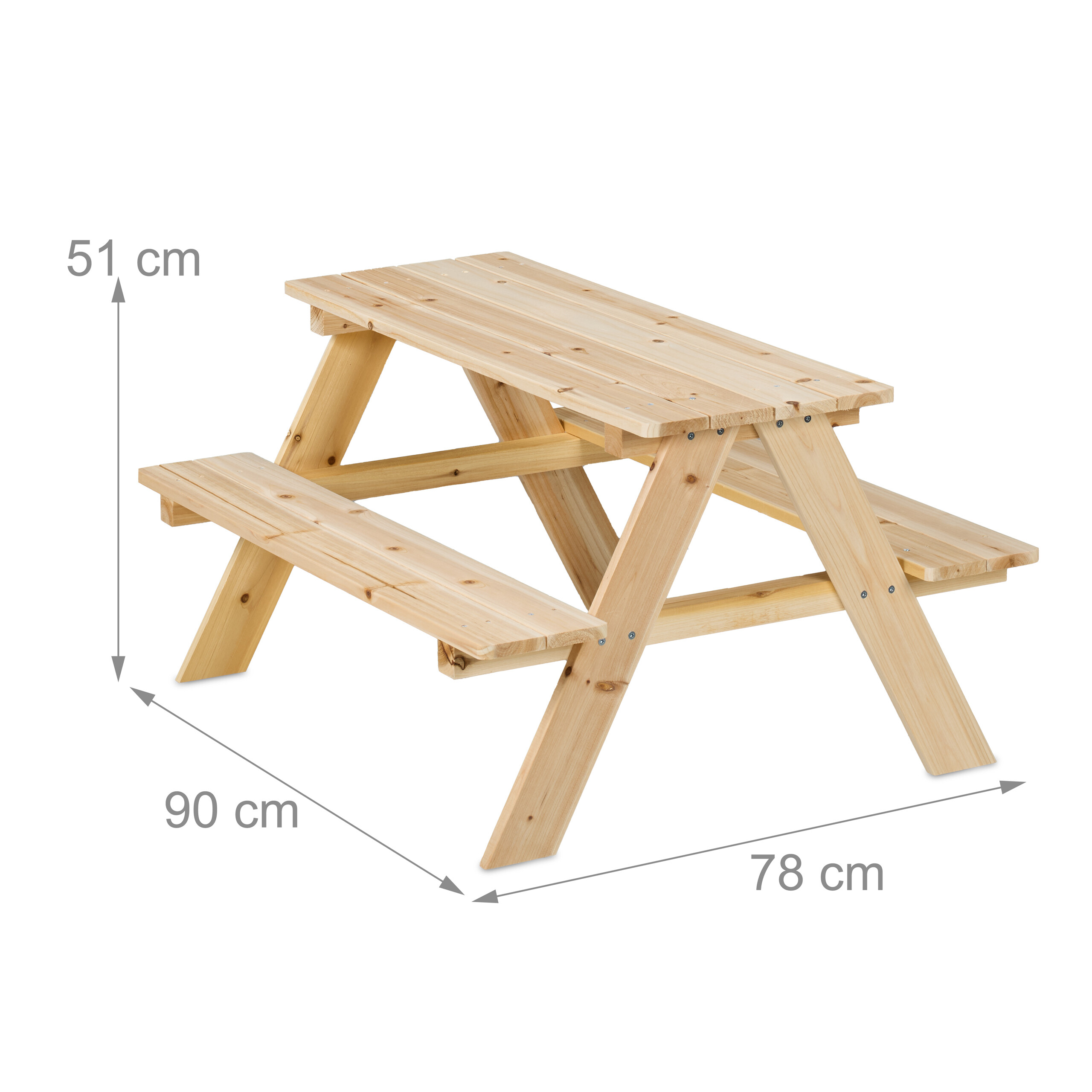 Kleiner Holztisch mit angeschlossenen Bänken, Höhe 51 cm, Breite 78 cm, Länge 90 cm.