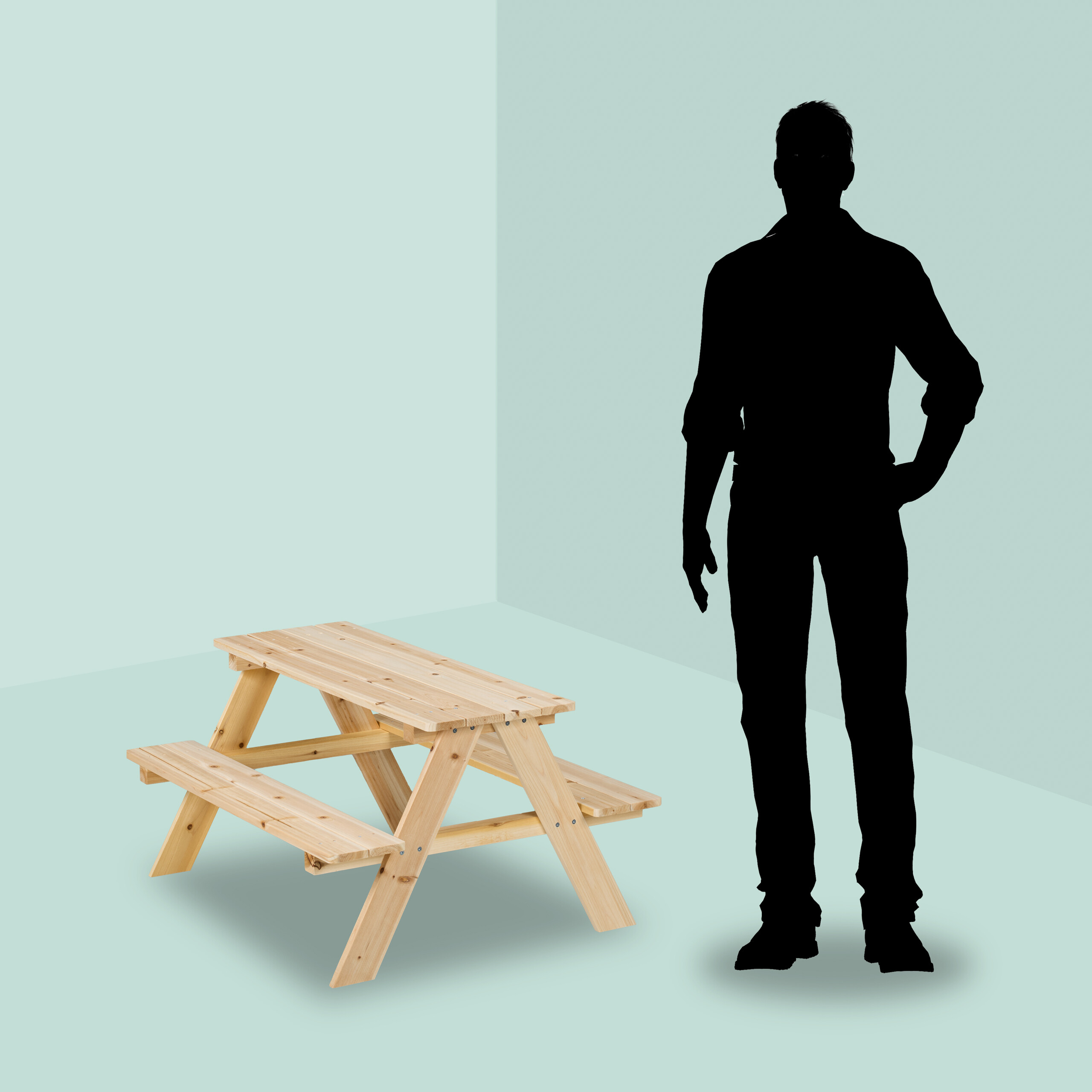 Eine Holzsitzbank mit Tisch auf einem grünen Hintergrund neben einer menschlichen Silhouette zur Größendarstellung.