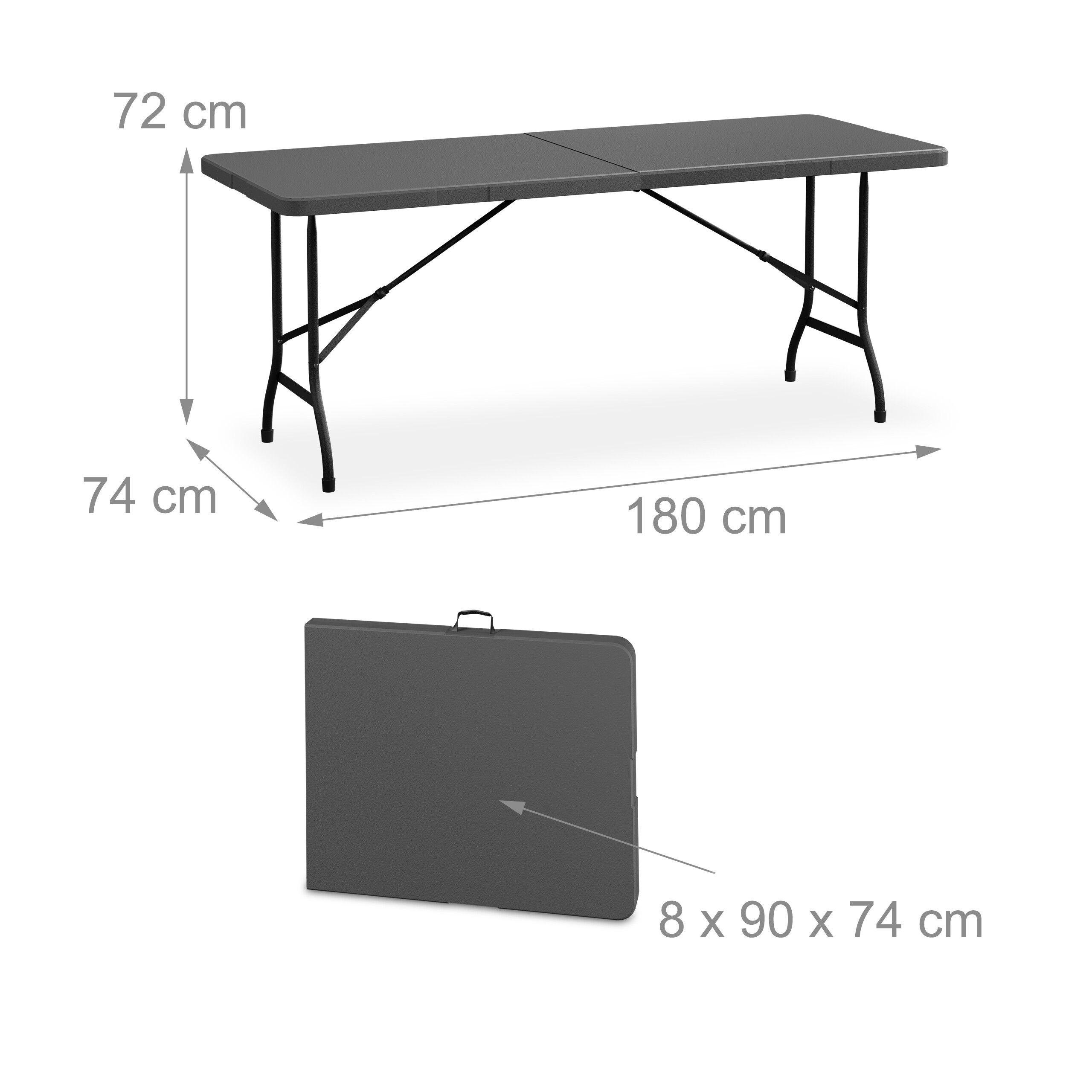 Grauer Klapptisch mit Maßen: 180x74x72 cm offen, klappbar auf 8x90x74 cm.