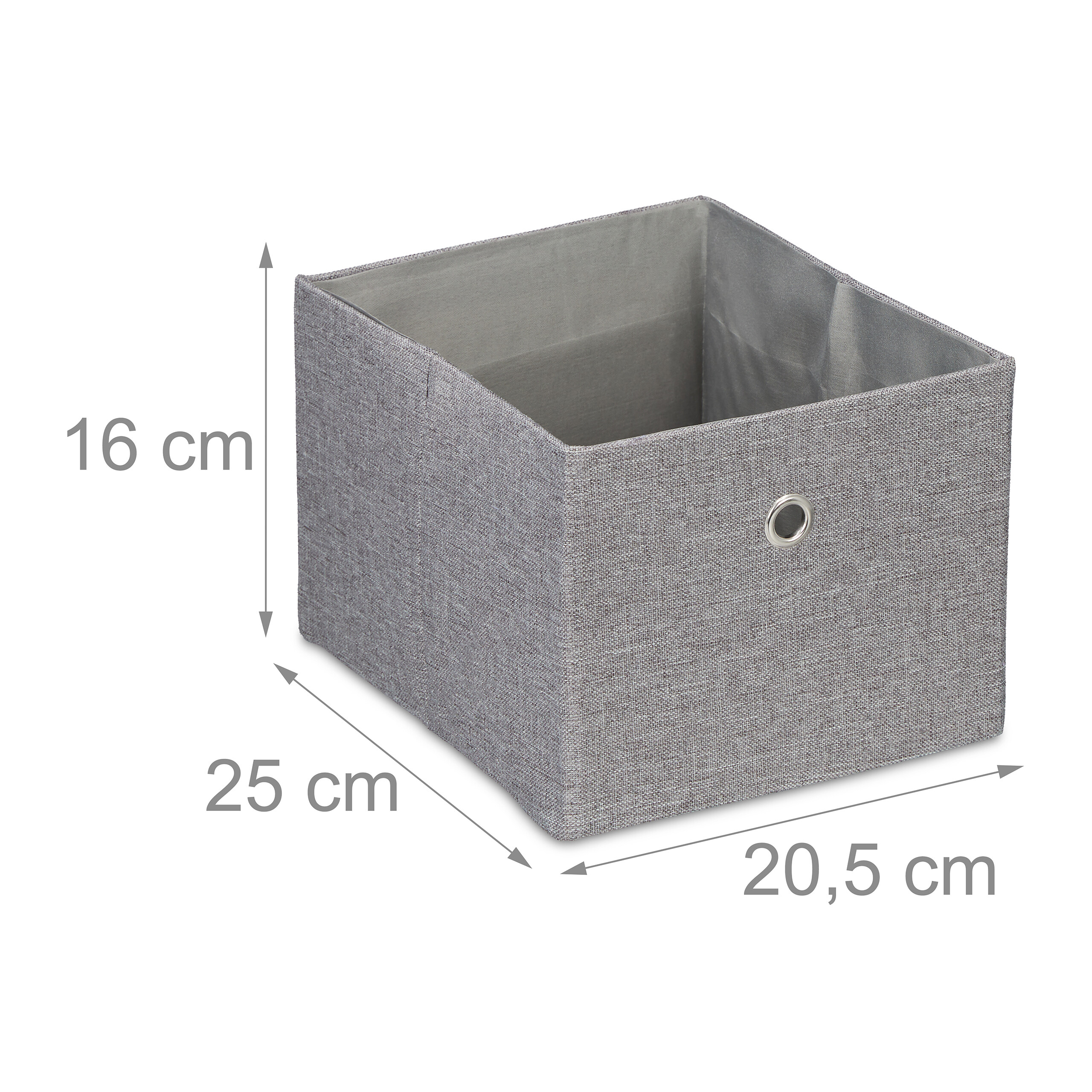 Graue Stoff-Aufbewahrungsbox mit Maßen: 16 cm Höhe, 25 cm Länge, 20,5 cm Breite.