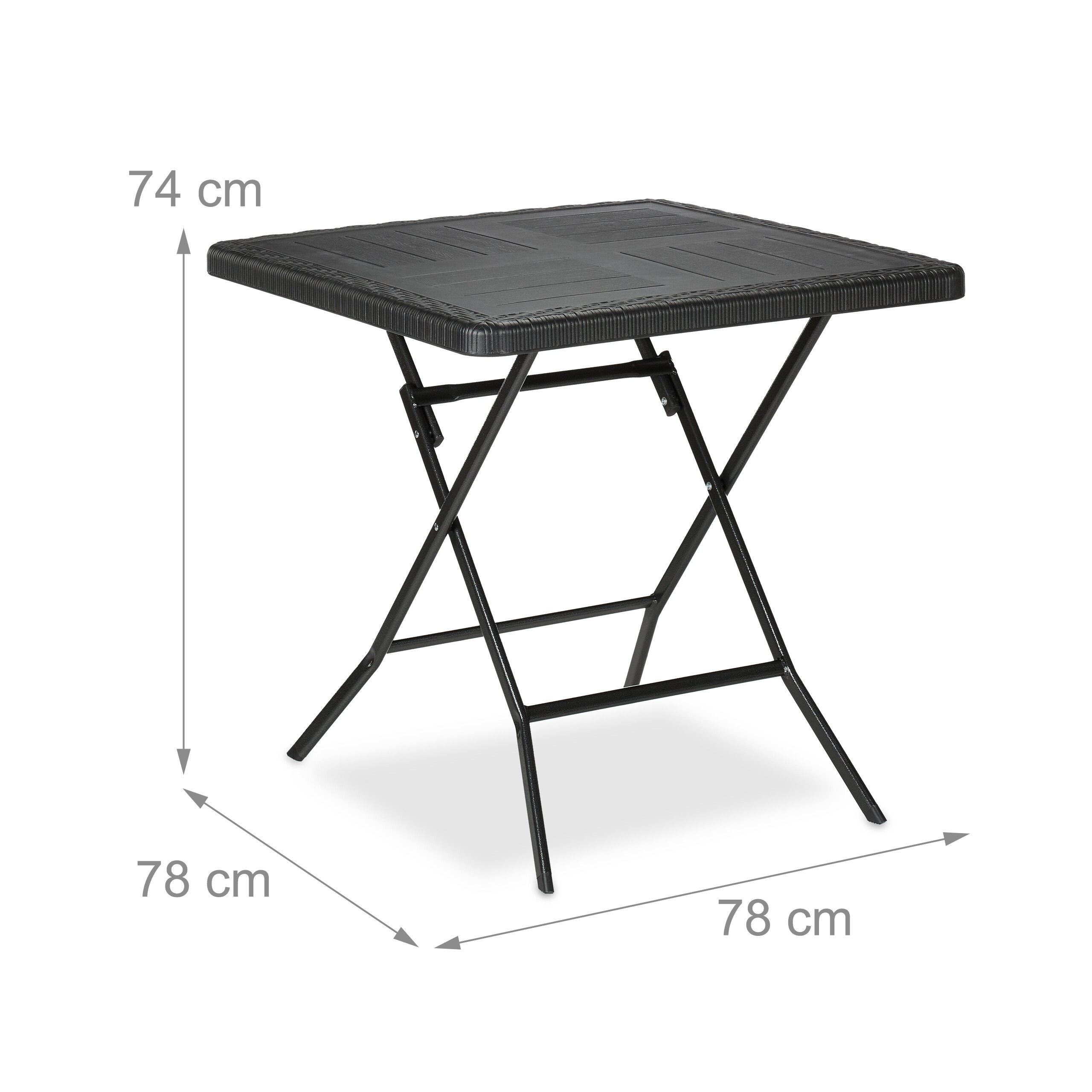 Schwarzer Klapptisch mit Rattan-Optik, 74 cm hoch, 78x78 cm breit, mit Maßangaben.