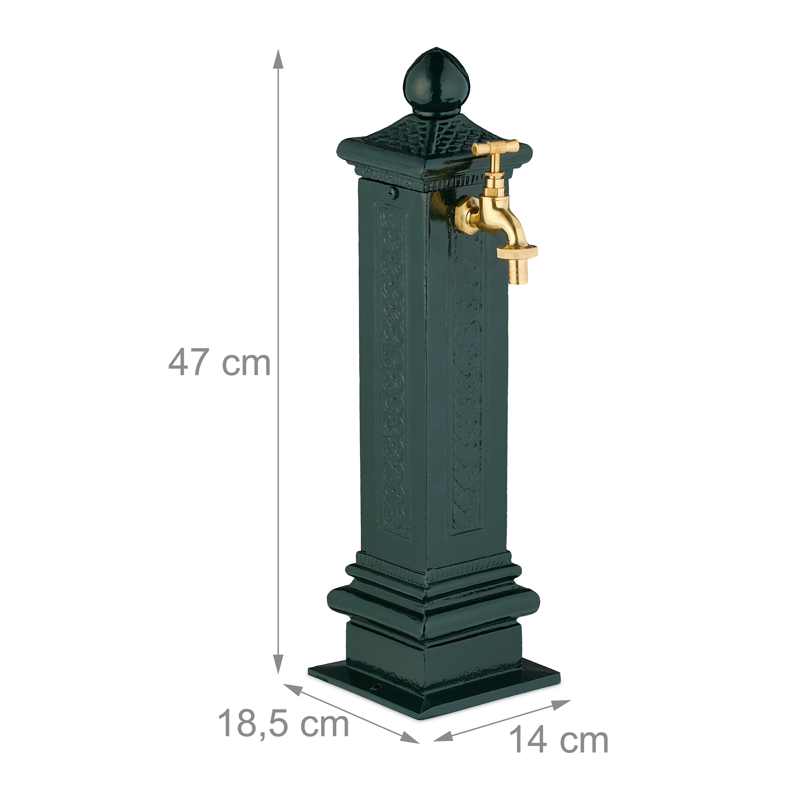 Dunkelgrüne, gusseiserne Wassersäule mit goldener Armatur und Maßangaben in cm auf weißem Hintergrund.