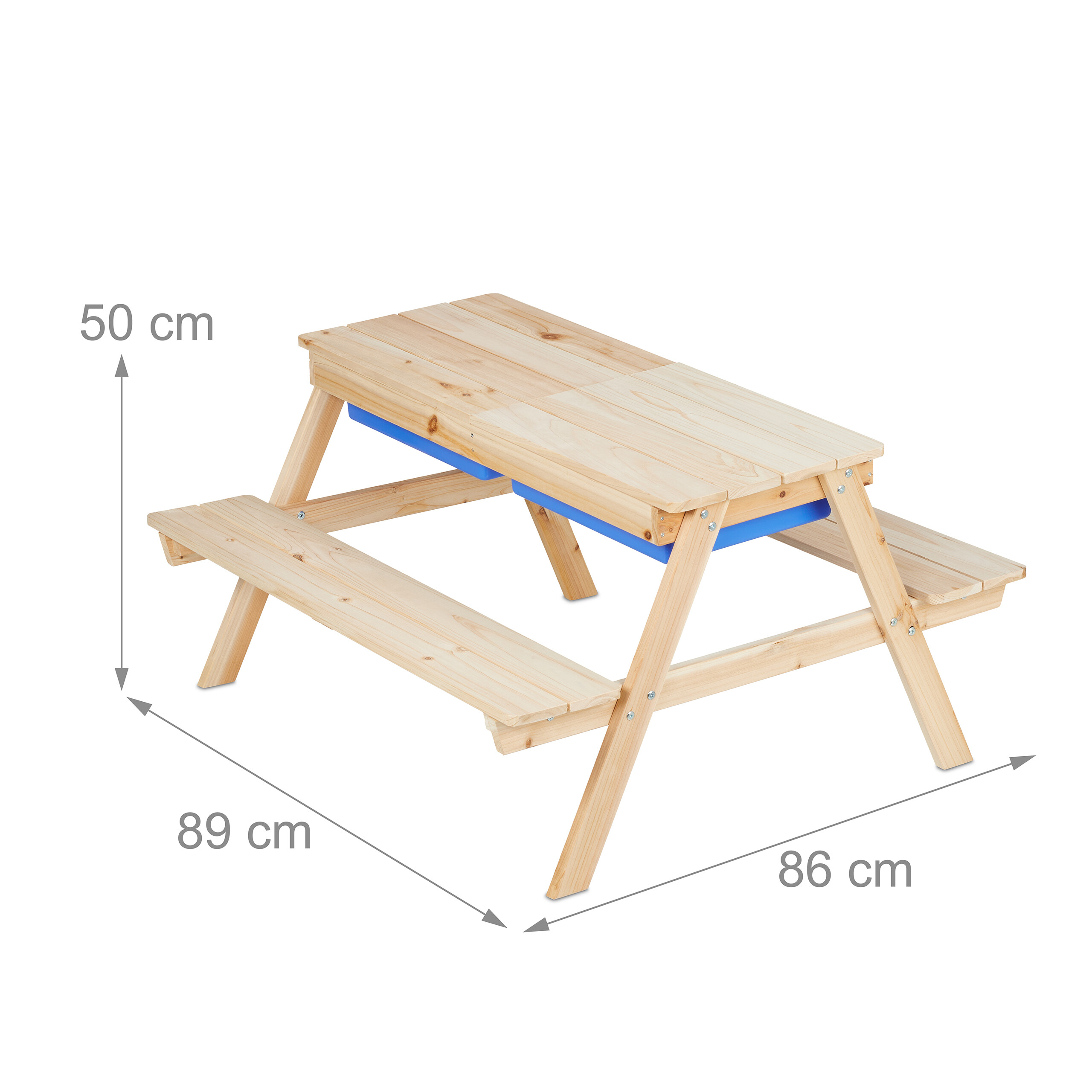 Holz-Kindersitzgruppe mit blauen Behältern, 50 cm Höhe, 89 cm Breite, 86 cm Tiefe.
