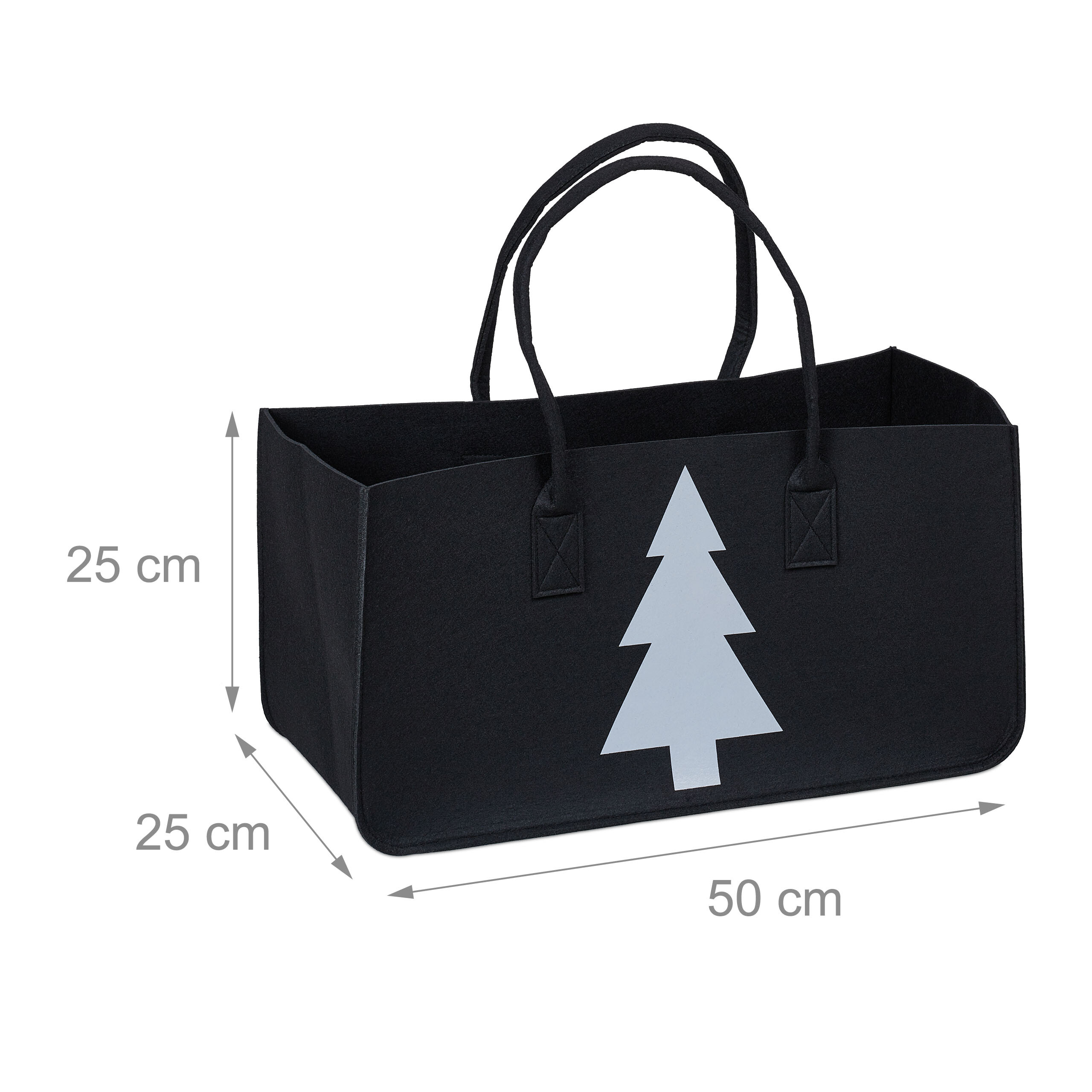 Schwarze Filztasche mit grauer Tanne und Maßen 50x25x25 cm auf weißem Grund.