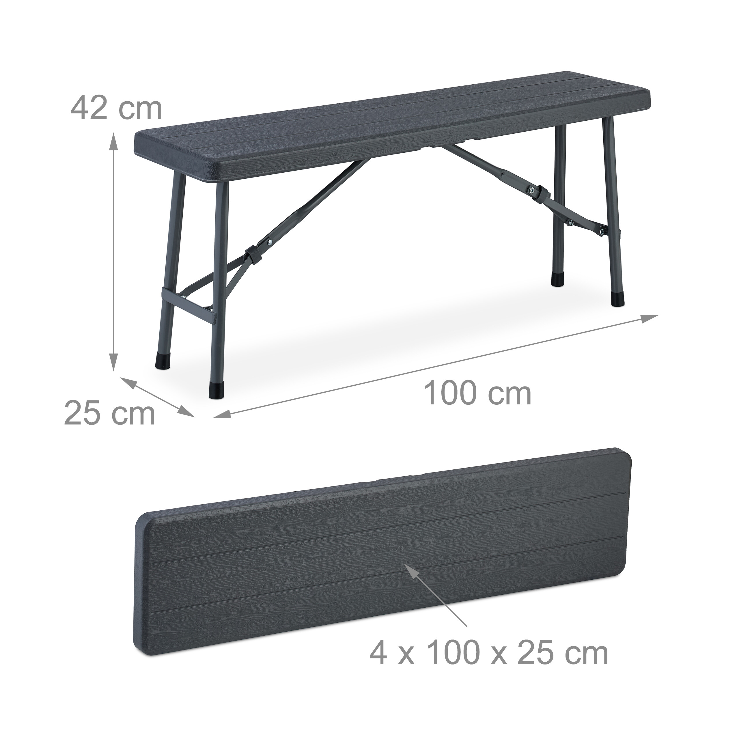 Eine graue Klappbank mit Maßen von 100x25x42 cm und zusammengeklappt 4x100x25 cm.
