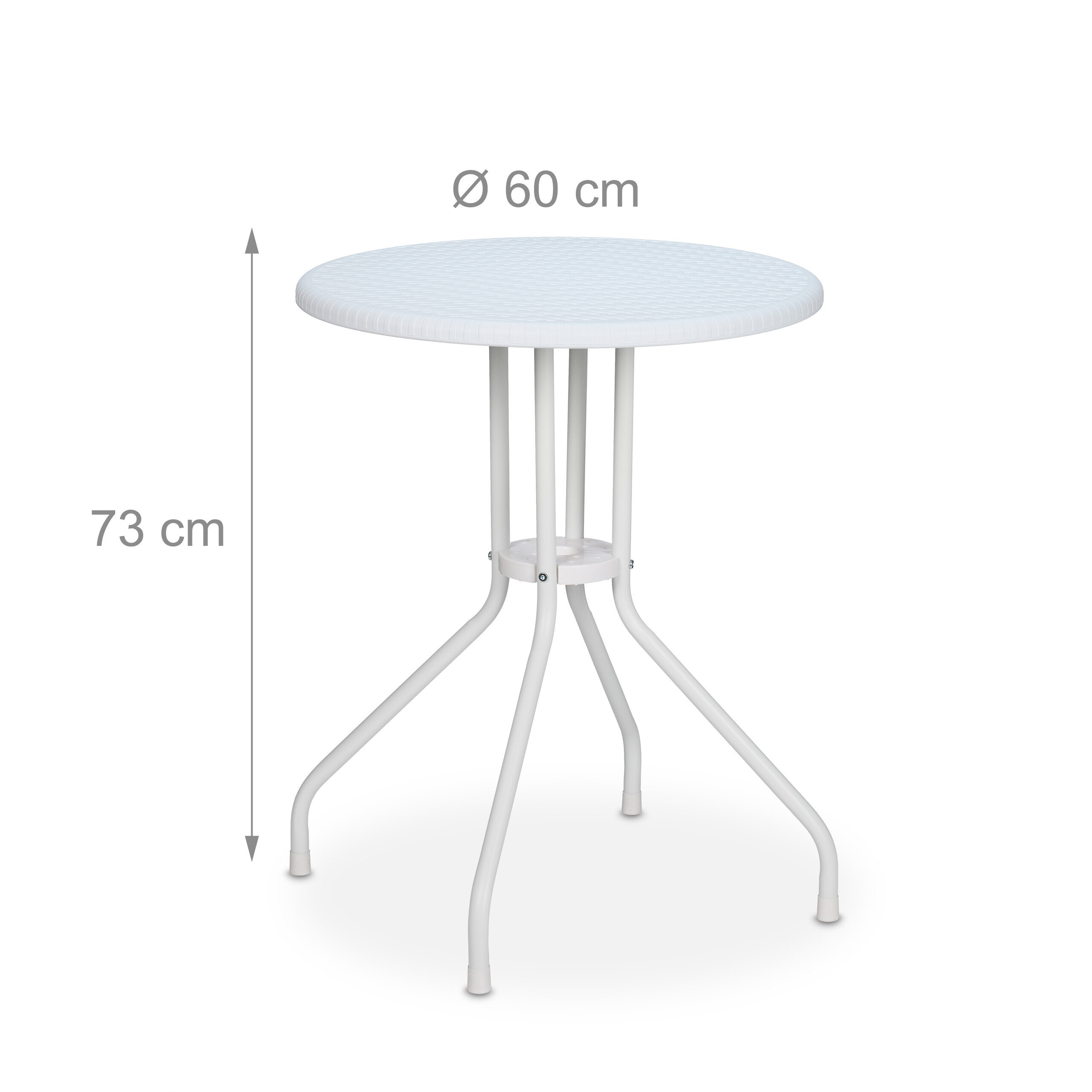 Weißer runder Bistrotisch mit 60 cm Durchmesser und 73 cm Höhe.