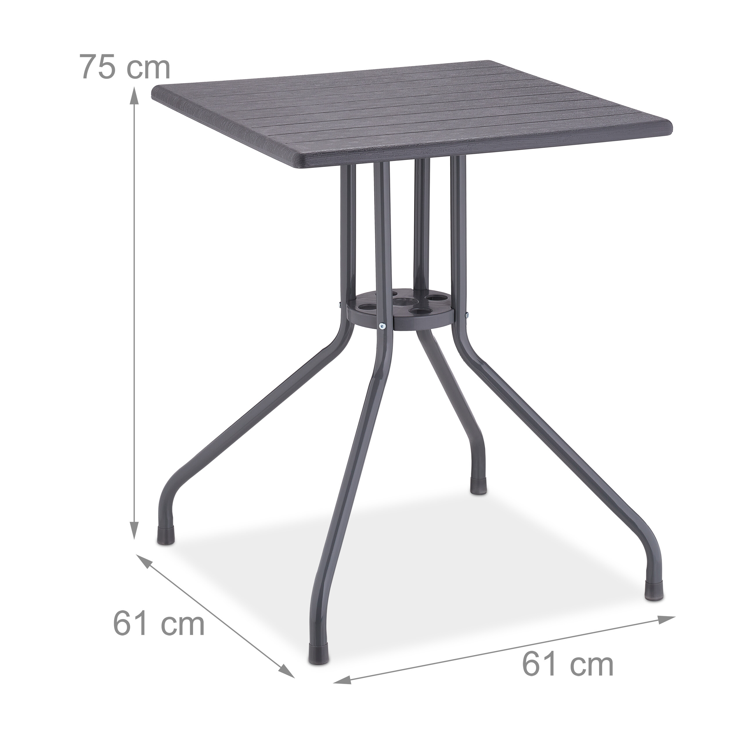 Quadratischer, grauer Gartentisch mit Metallbeinen und Bemaßung von 75 cm Höhe und 61 cm Breite.