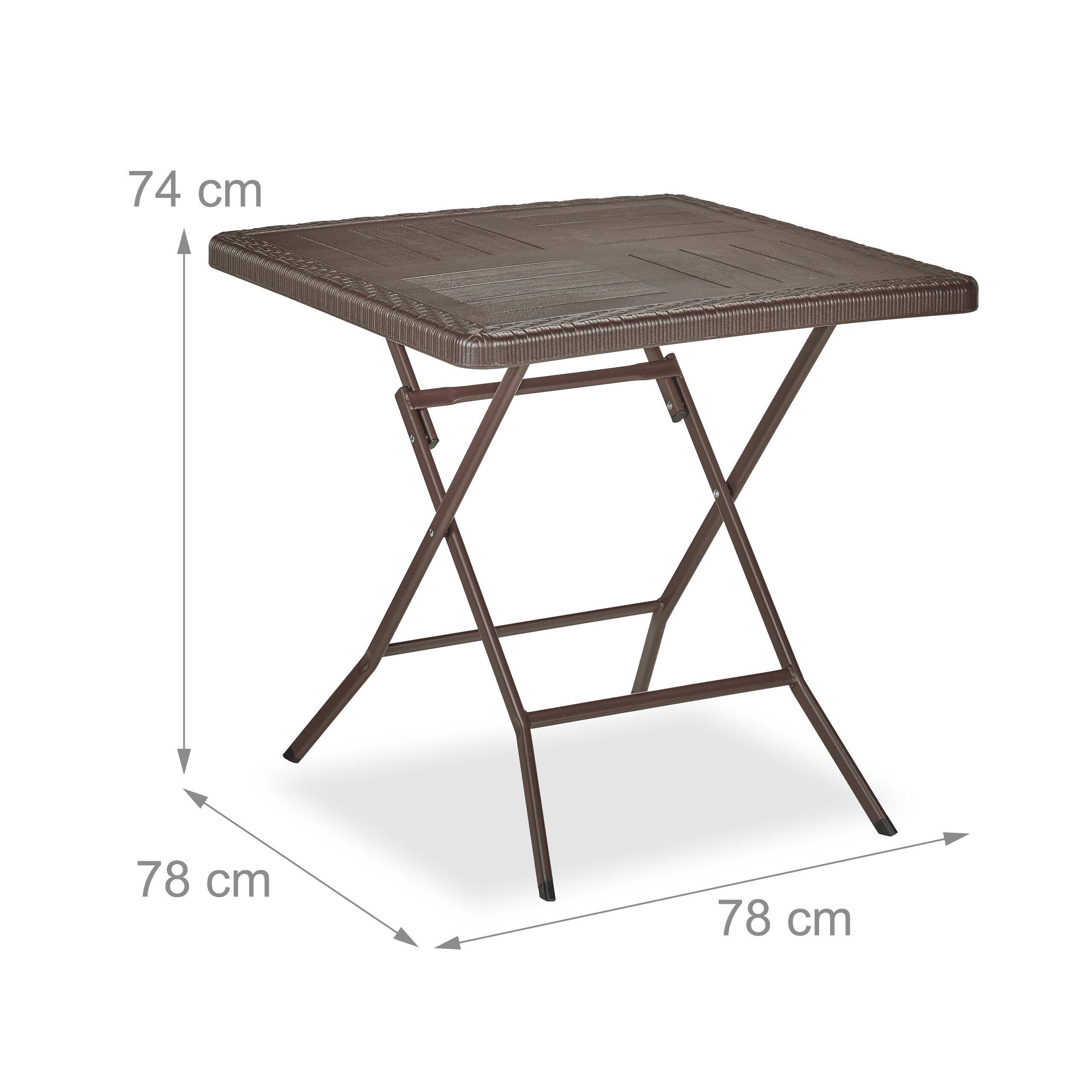 Ein brauner quadratischer Klapptisch mit den Maßen 74 cm Höhe, 78 cm Breite und 78 cm Länge auf weißem Hintergrund.