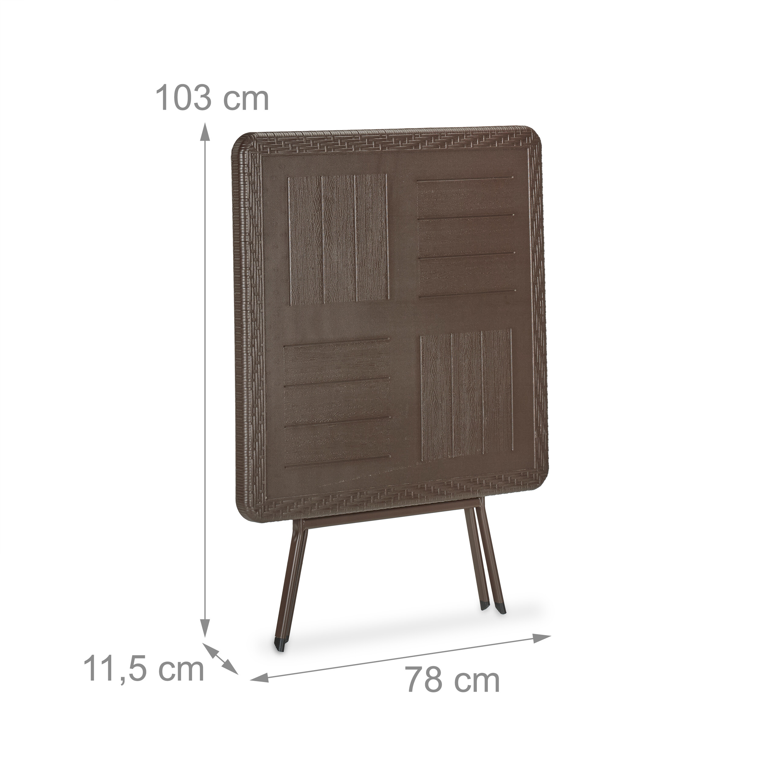 Brauner Klapptisch mit Maßen: 103 cm Höhe, 78 cm Breite und 11,5 cm Tiefe.