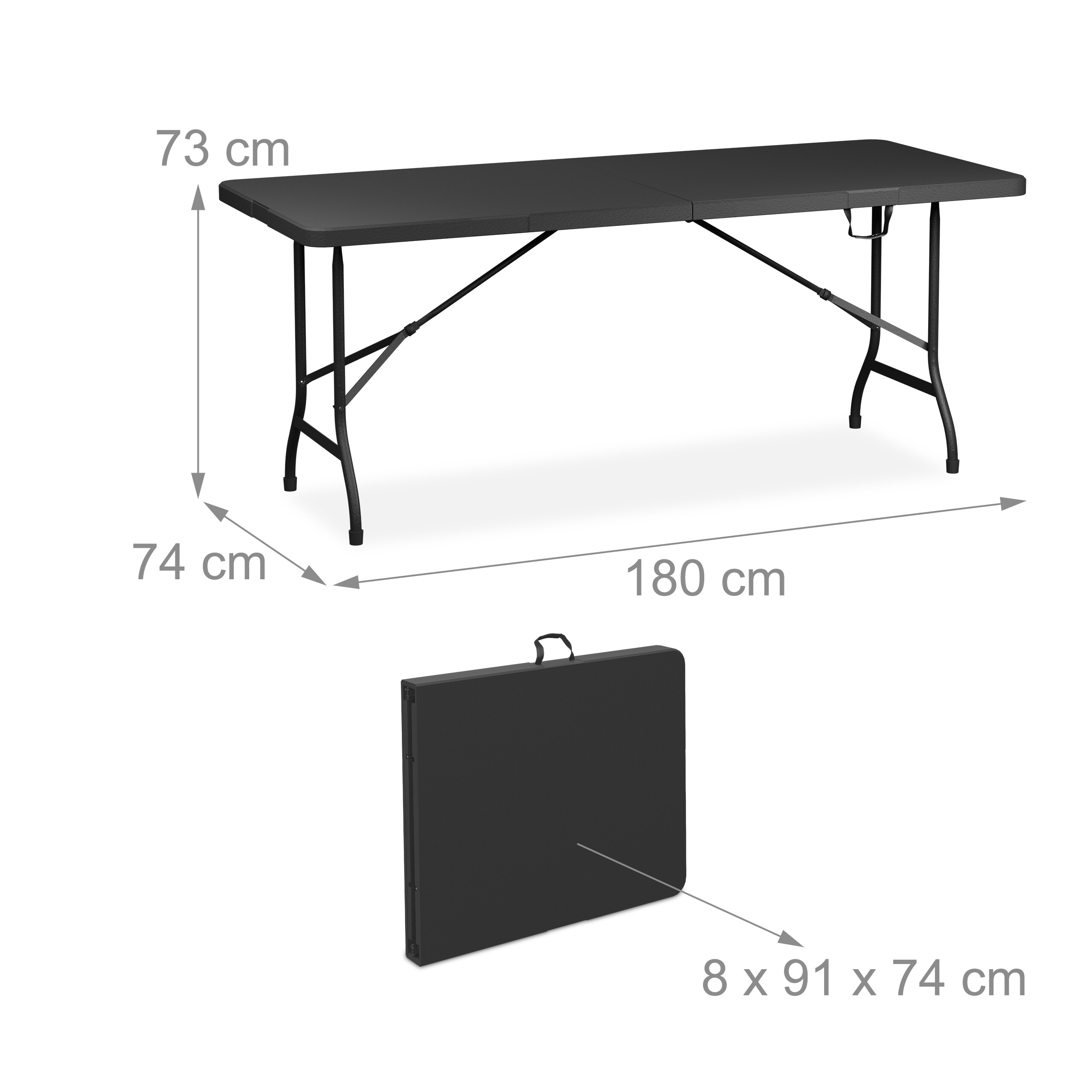 Schwarzer Klapptisch mit Maßangaben: 180x74x73 cm, im gefalteten Zustand 8x91x74 cm.