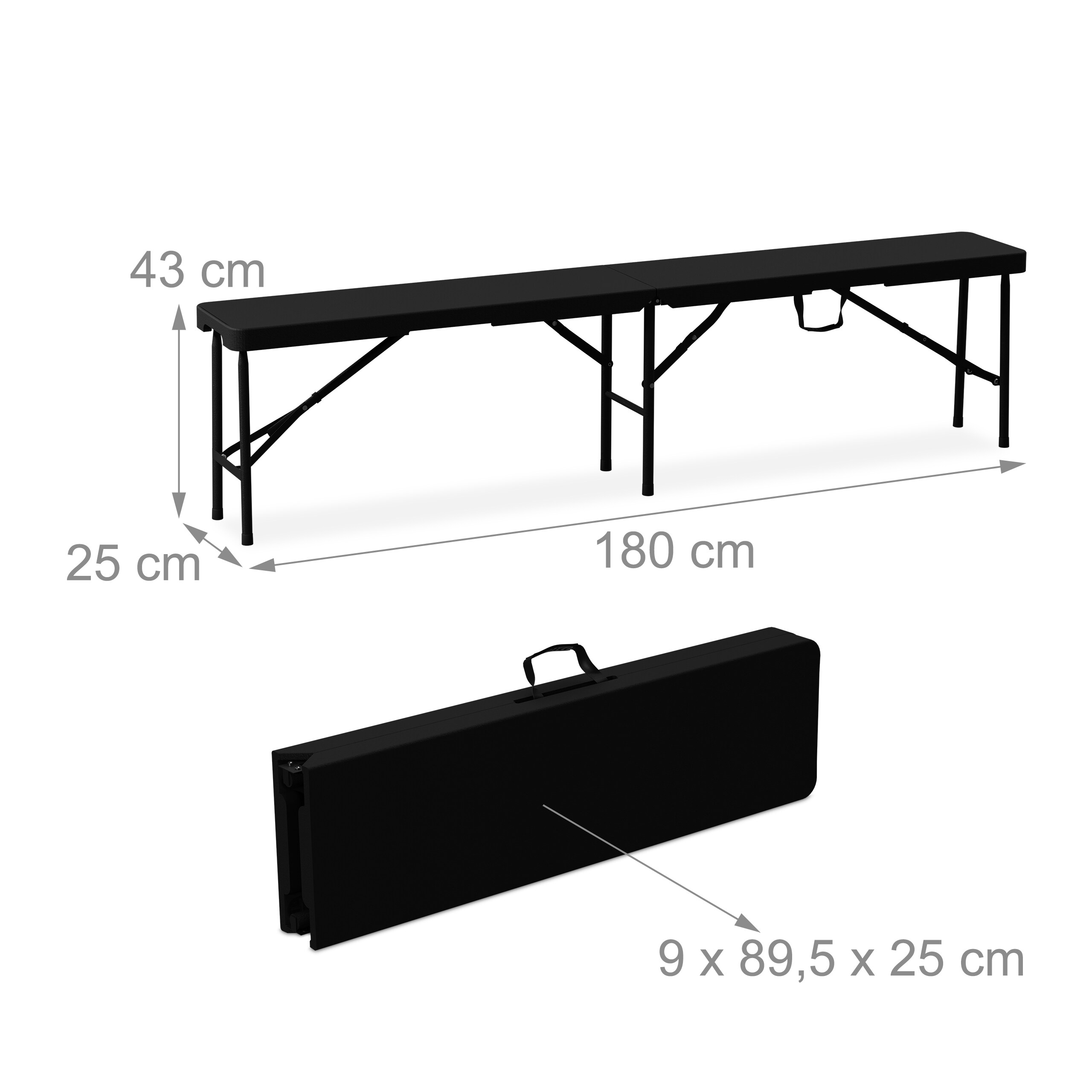 Schwarze klappbare Bank mit Maßen: 180 cm Länge, 43 cm Höhe, 25 cm Breite, zusammengeklappt 9x89,5x25 cm mit Tragegriff.