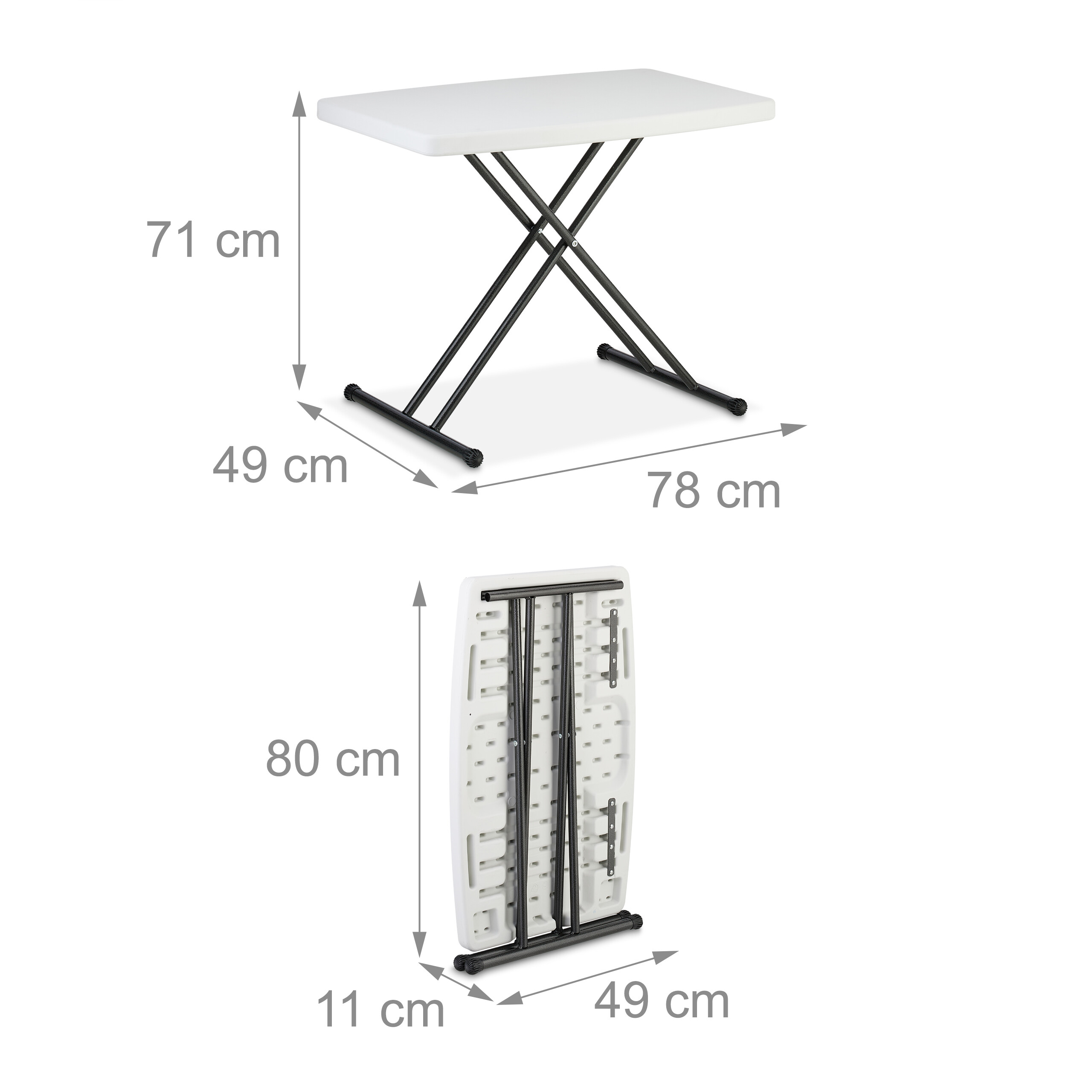 Weißer Klapptisch mit schwarzen Metallbeinen, offen und gefaltet, mit Maßangaben für Höhe, Breite und Tiefe.