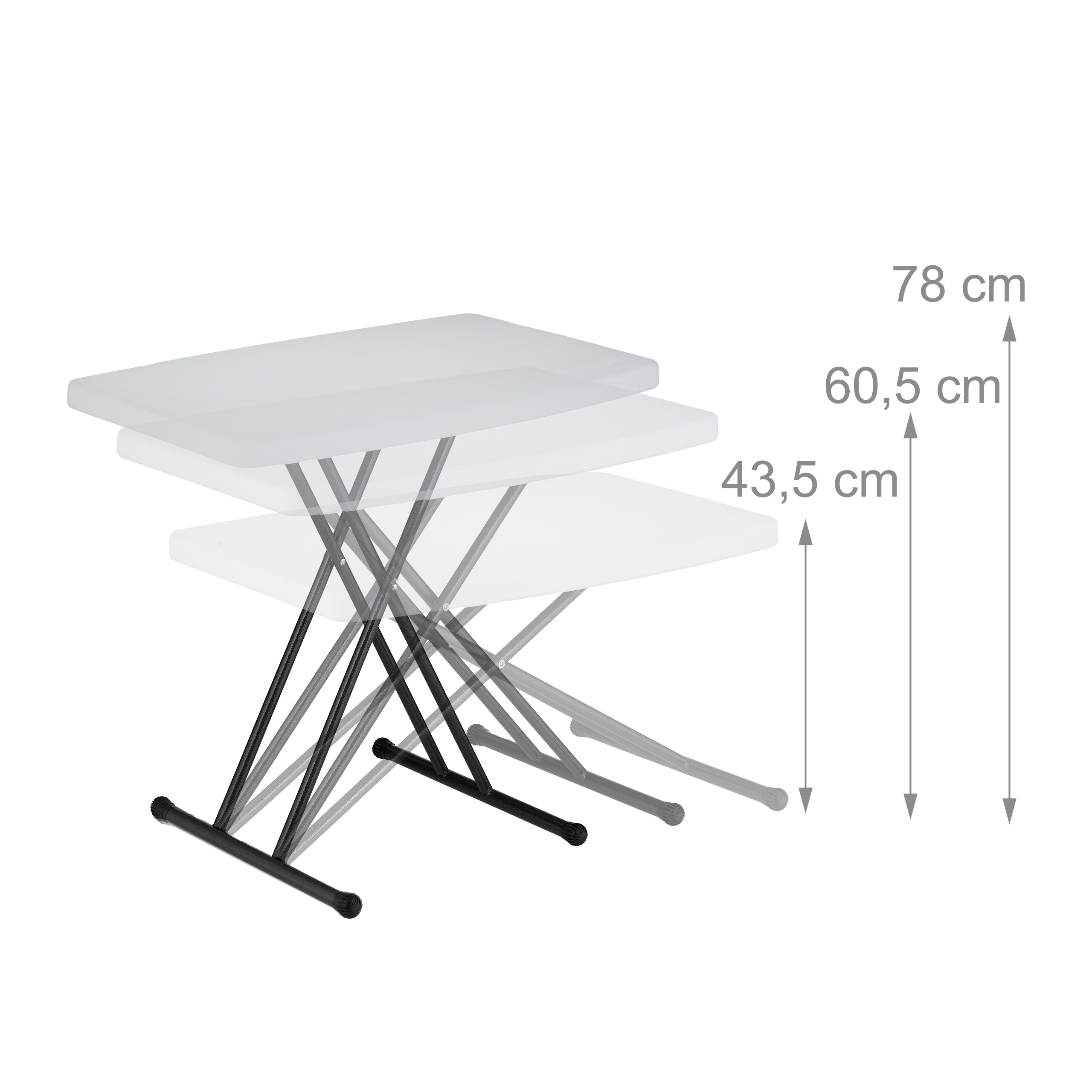 Verstellbarer Tisch mit schwarzen Beinen bei 43,5 cm, 60,5 cm und 78 cm Höhe.
