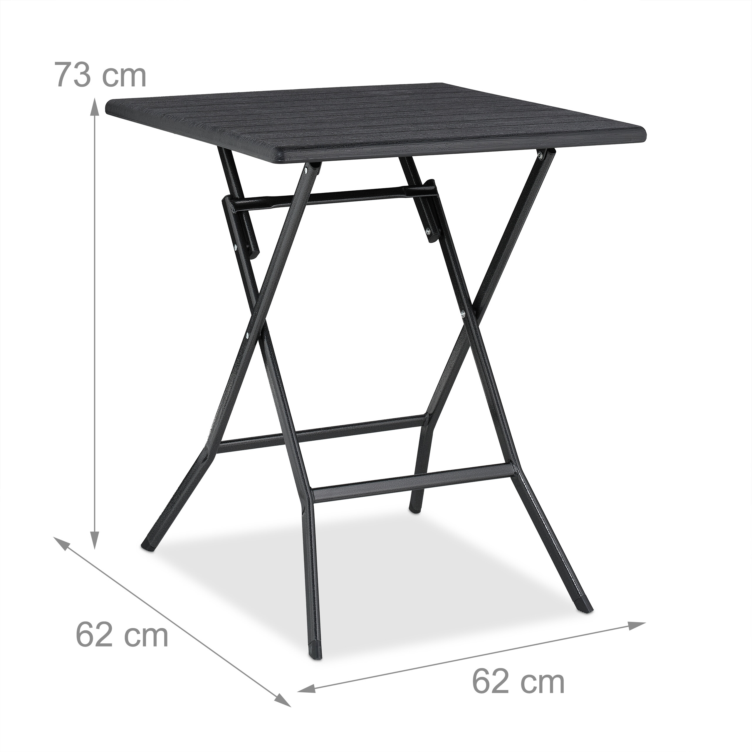 Ein schwarzer Klapptisch mit Maßen 73 cm Höhe und 62 cm Breite und Tiefe auf weißem Hintergrund.