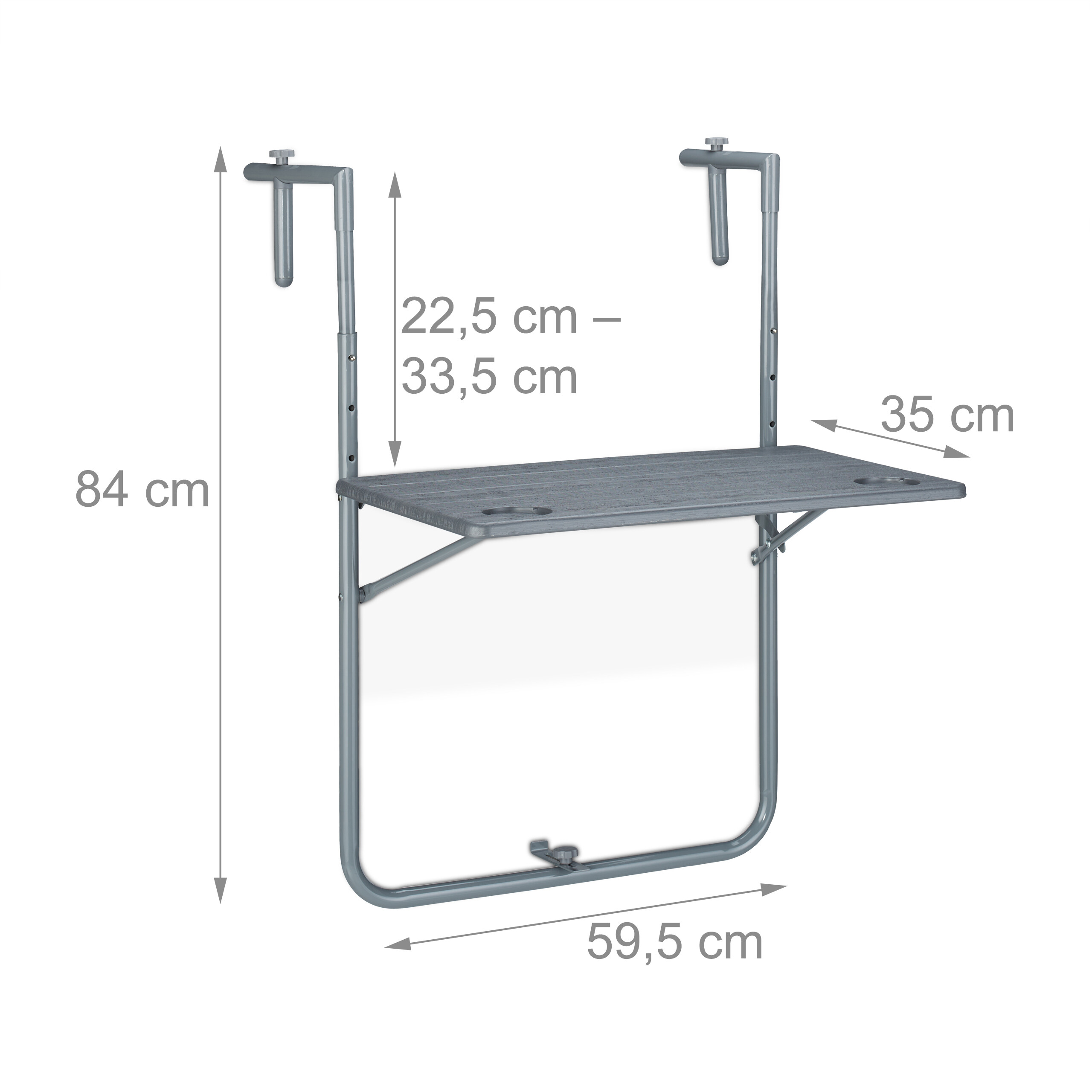 Grauer Hängetisch mit Maßen: Höhe 84 cm, Breite 59,5 cm, Tiefe 35 cm, Tischkantenabstand 22,5-33,5 cm.