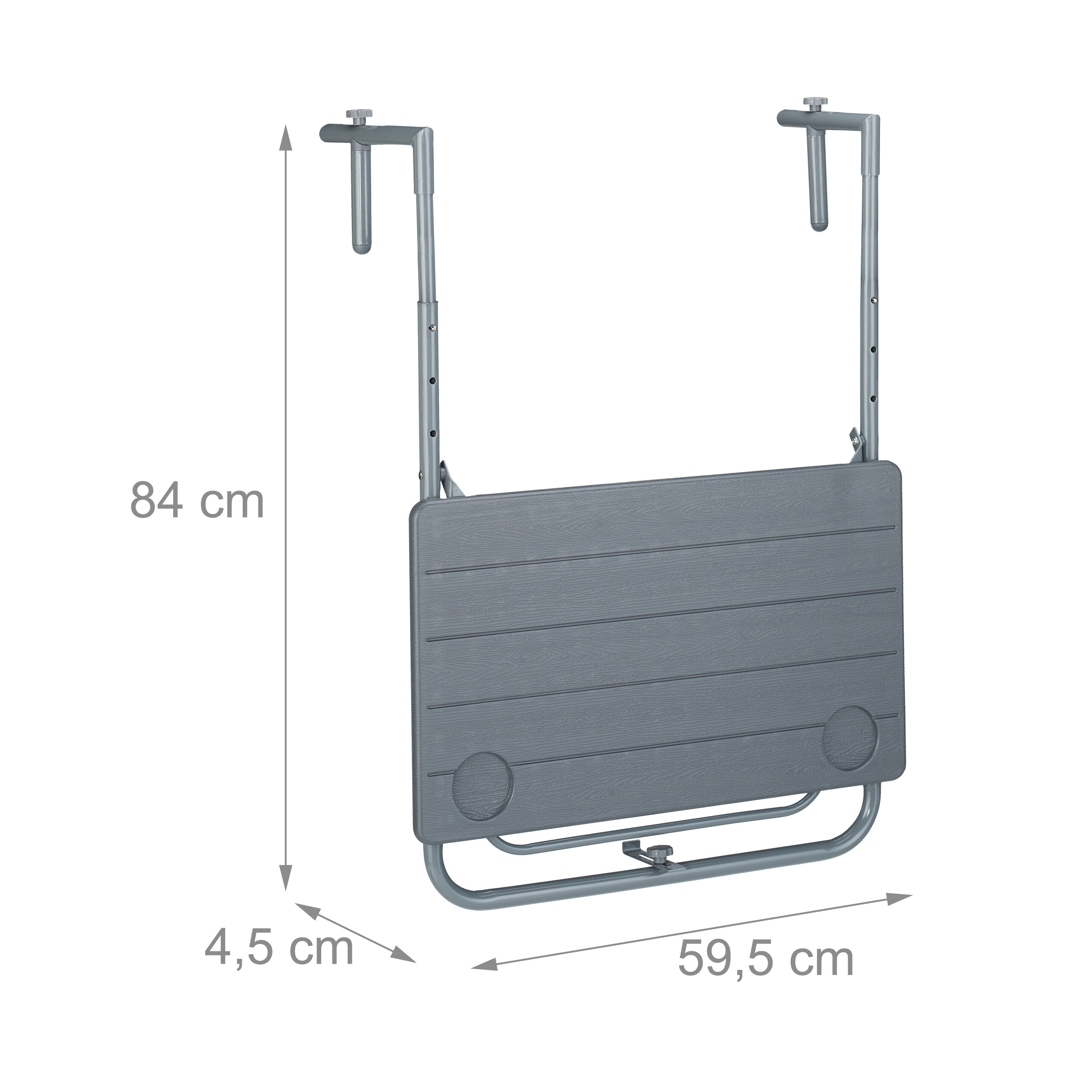 Grauer klappbarer Balkontisch mit Maßen 84 cm Höhe, 59,5 cm Breite und 4,5 cm Tiefe.