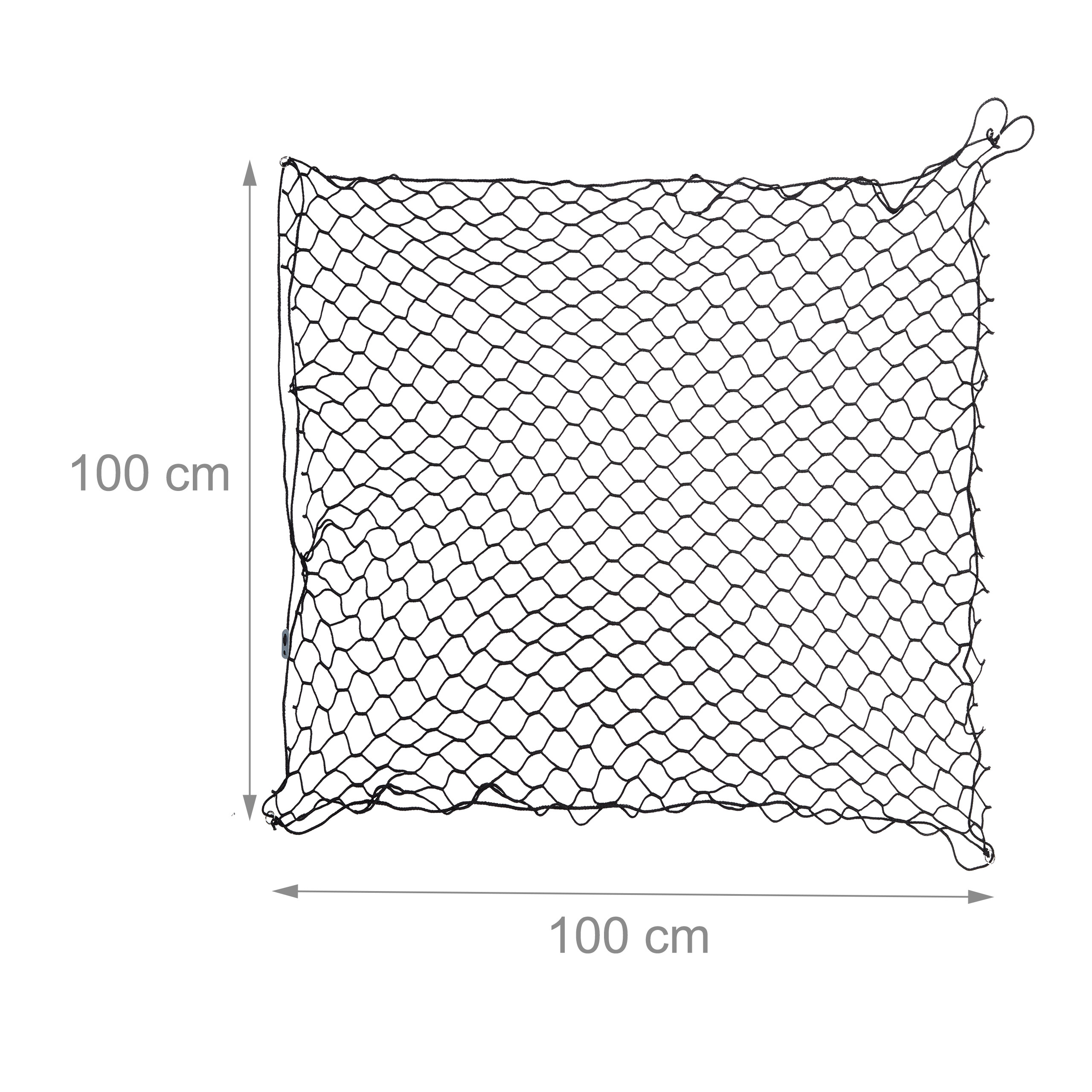 Ein quadratisches schwarzes Kantennetz mit Maßen von jeweils 100 cm an Höhe und Breite auf weißem Hintergrund.