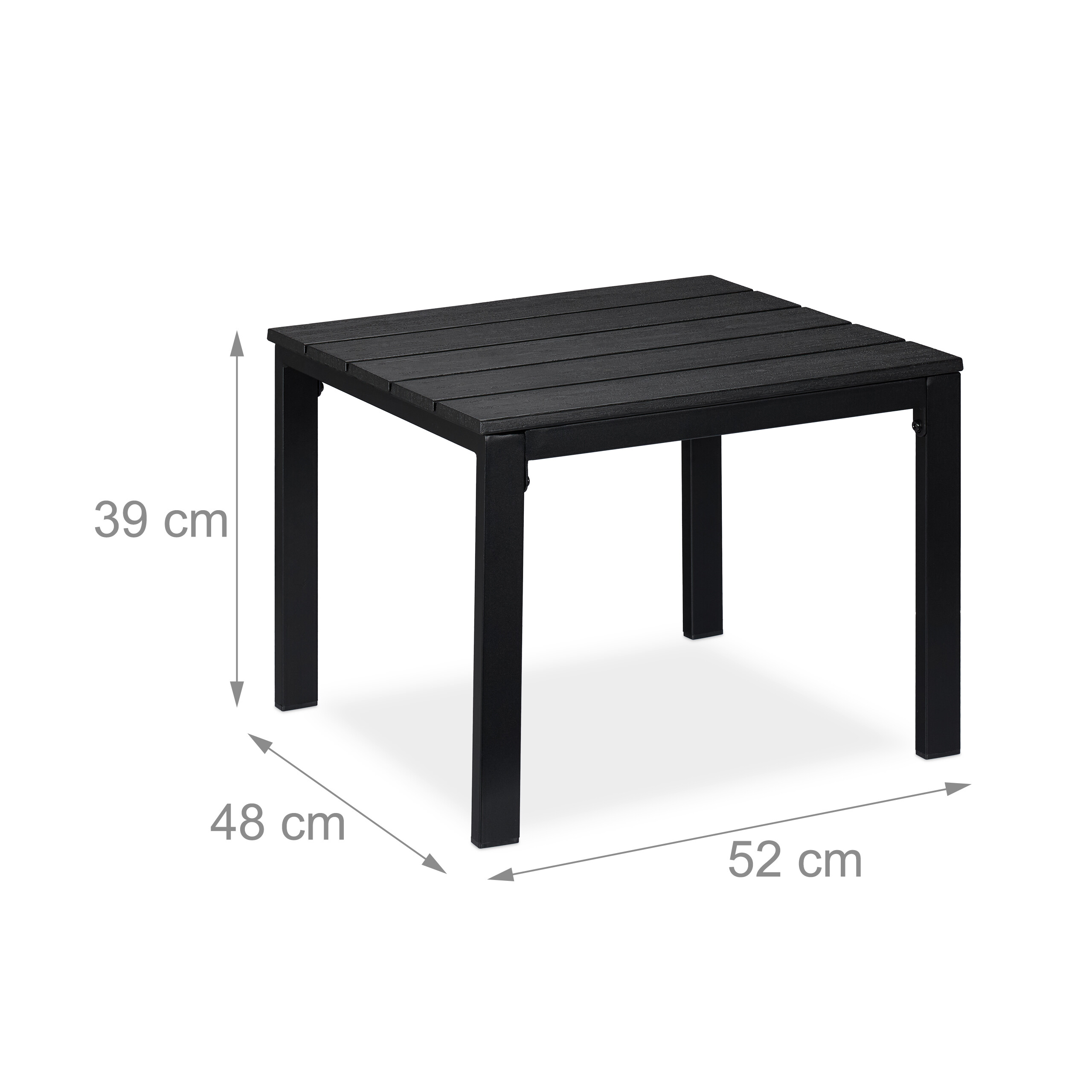 Ein kleiner schwarzer Tisch mit Maßen: 39 cm Höhe, 48 cm Tiefe und 52 cm Breite.