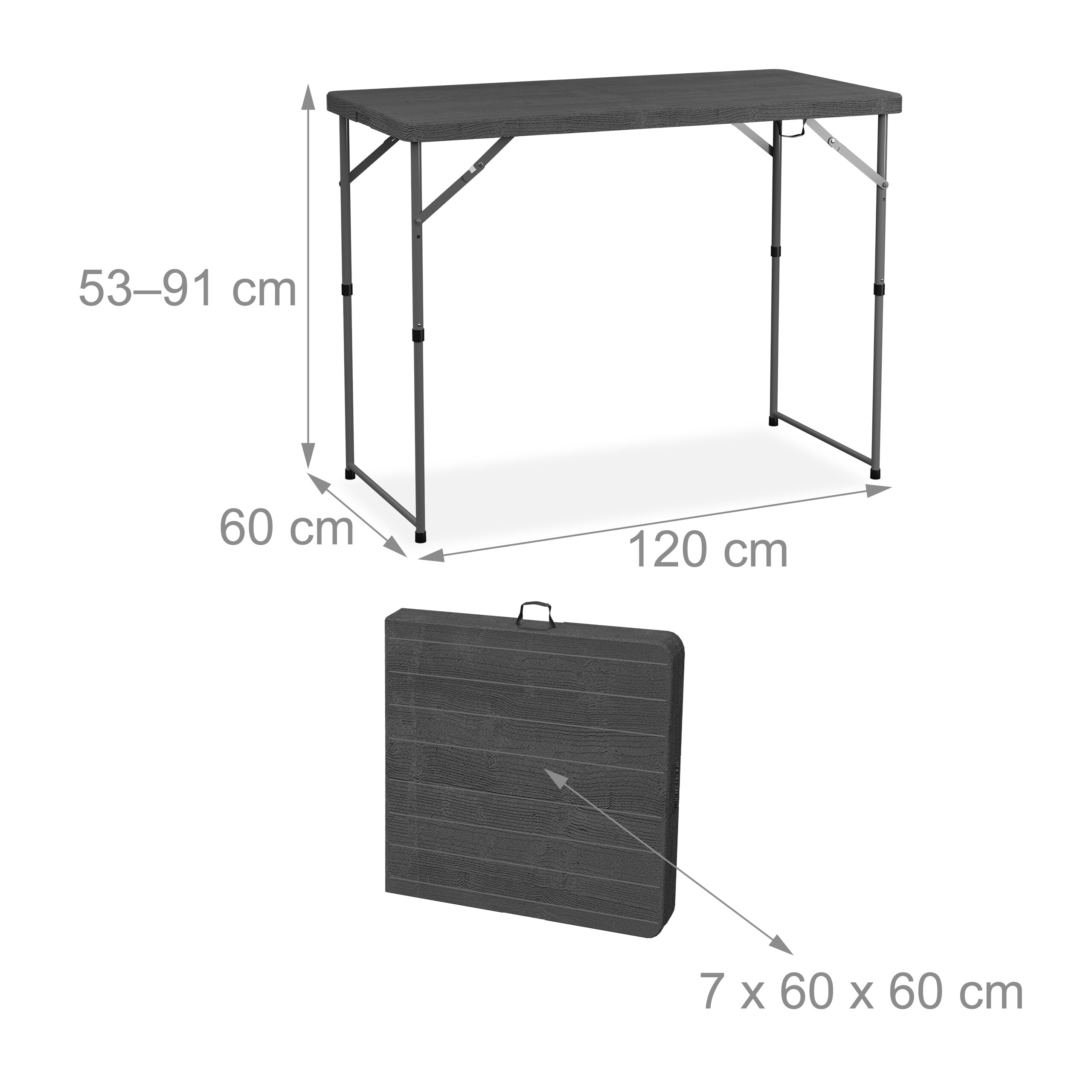 Grauer, höhenverstellbarer Klapptisch mit Maßen und gefalteter Version mit Griff.