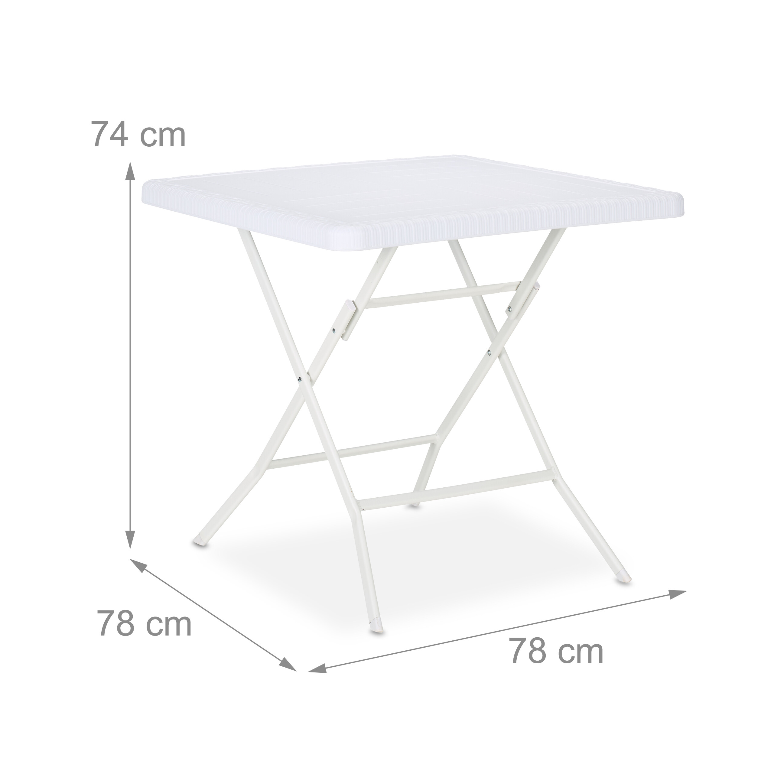 Ein weißer, klappbarer Tisch mit Maßen: Höhe 74 cm, Breite und Länge je 78 cm.