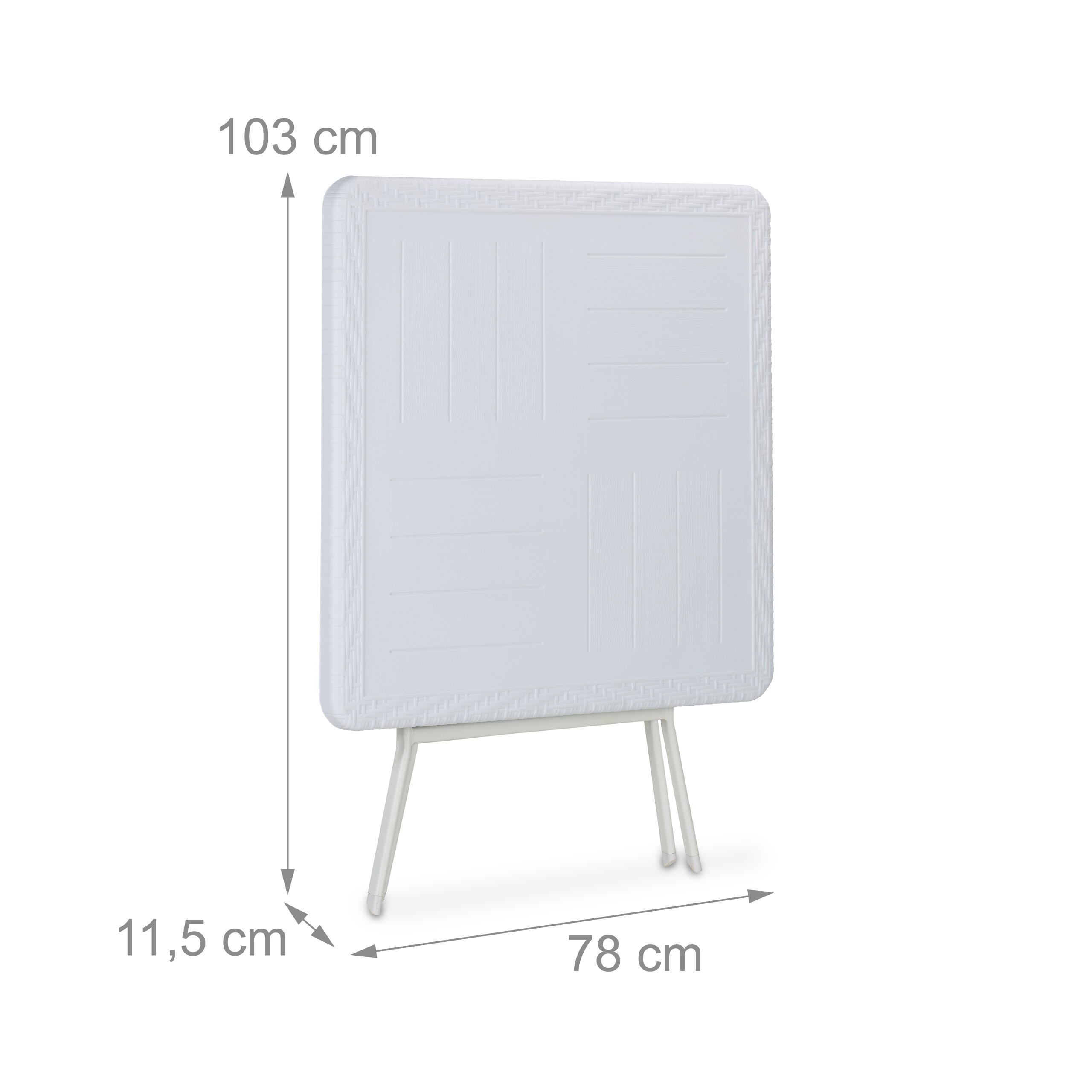 Ein weißer, zusammenklappbarer Tisch mit Maßen von 103 cm Höhe, 78 cm Breite und 11,5 cm Dicke.