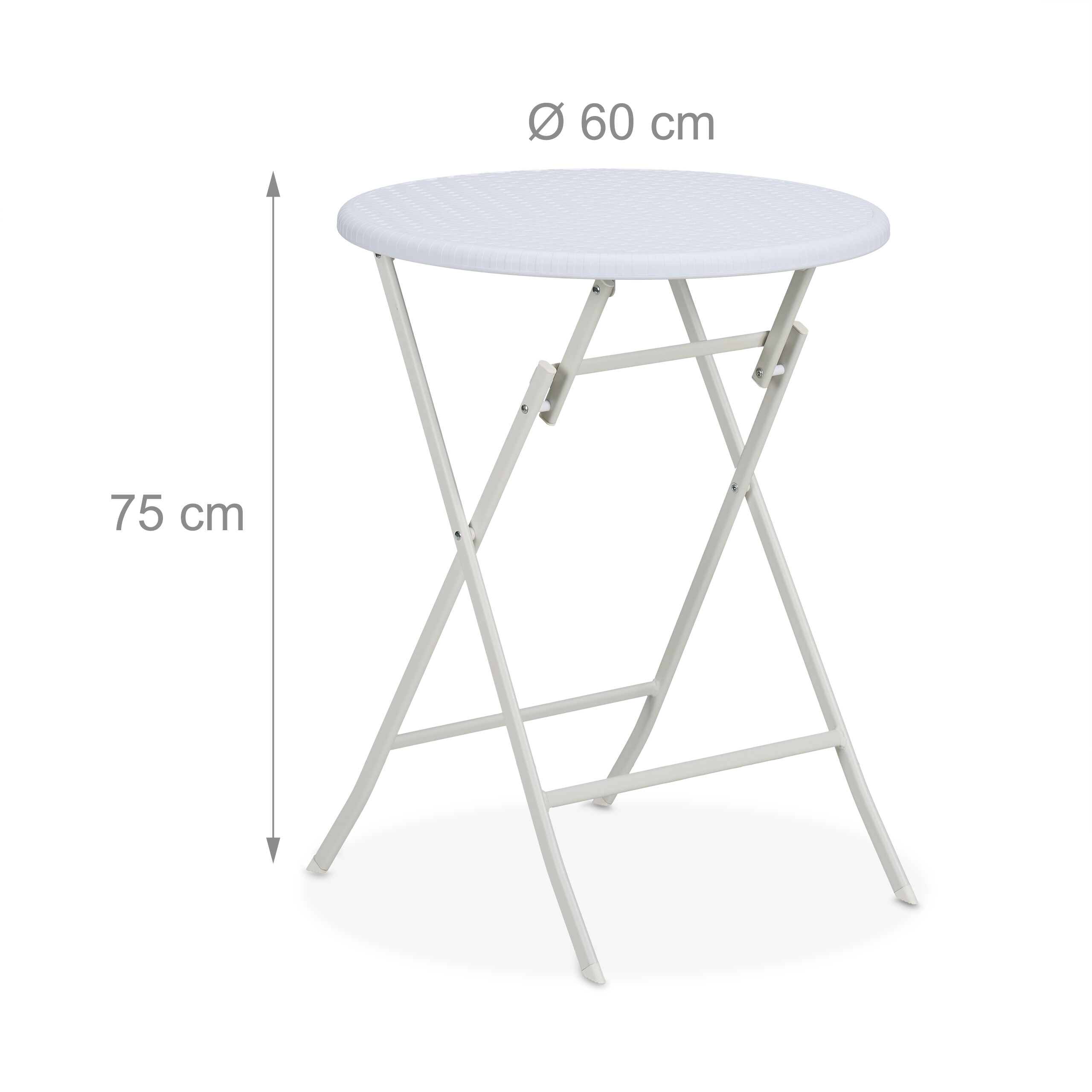 Weißer, runder Falttisch aus Metall mit X-förmigen Beinen, 75 cm hoch und 60 cm im Durchmesser.