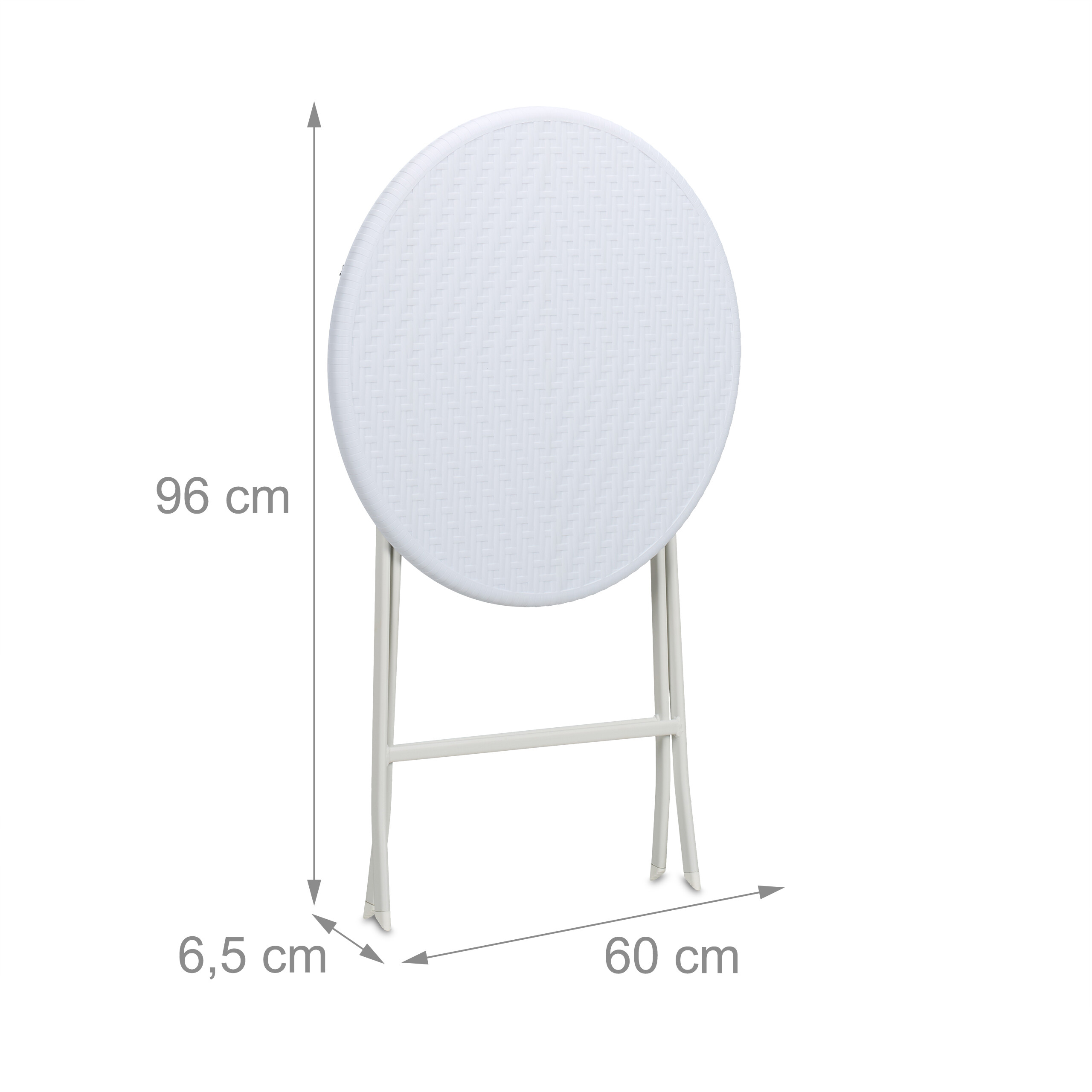 Ein weißer, zusammengeklappter runder Tisch mit Maßangaben von 96 cm Höhe, 60 cm Breite und 6,5 cm Tiefe.