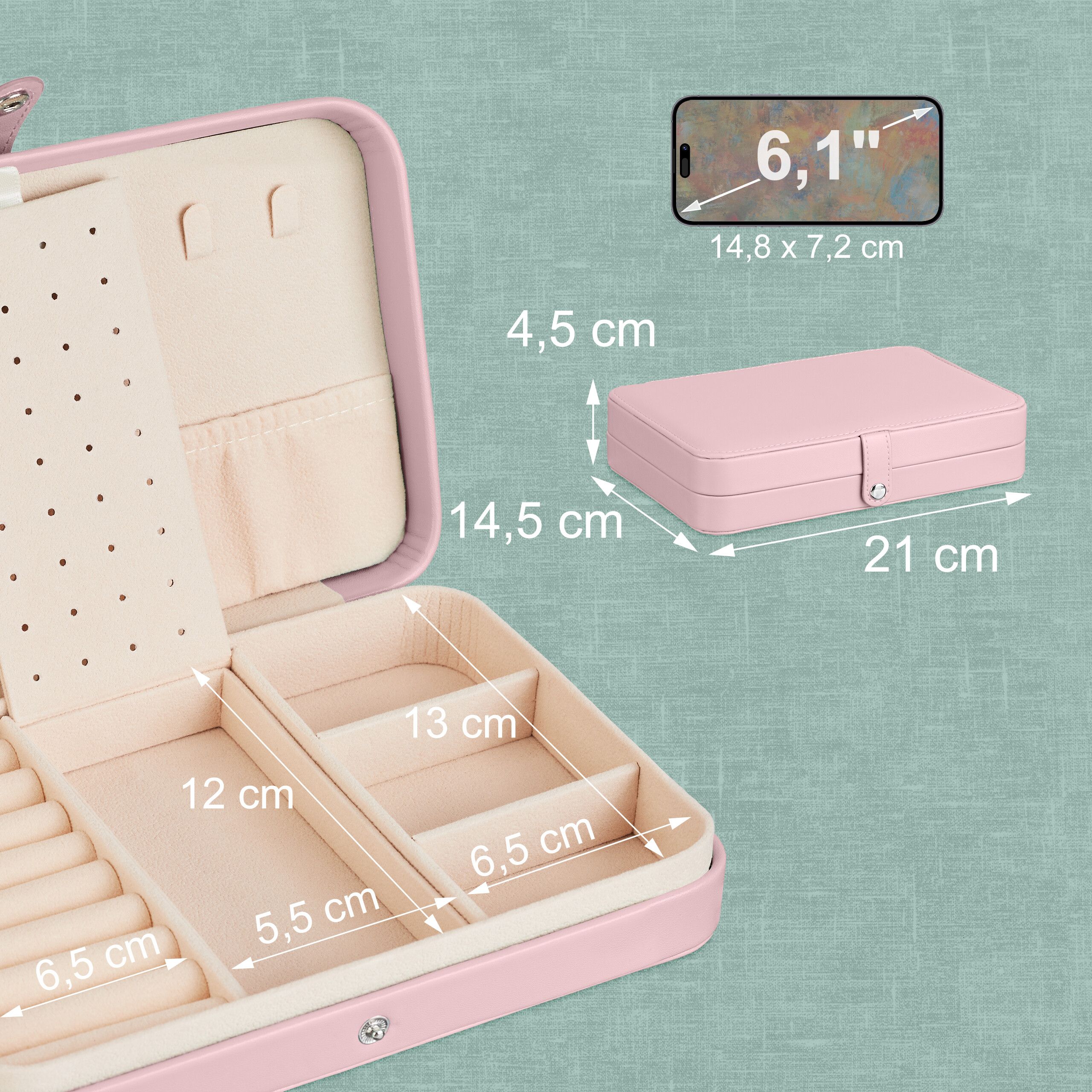 Rosa Reise-Schmuckkästchen offen und geschlossen, mit Maßangaben und Smartphone-Vergleichsgrafik.