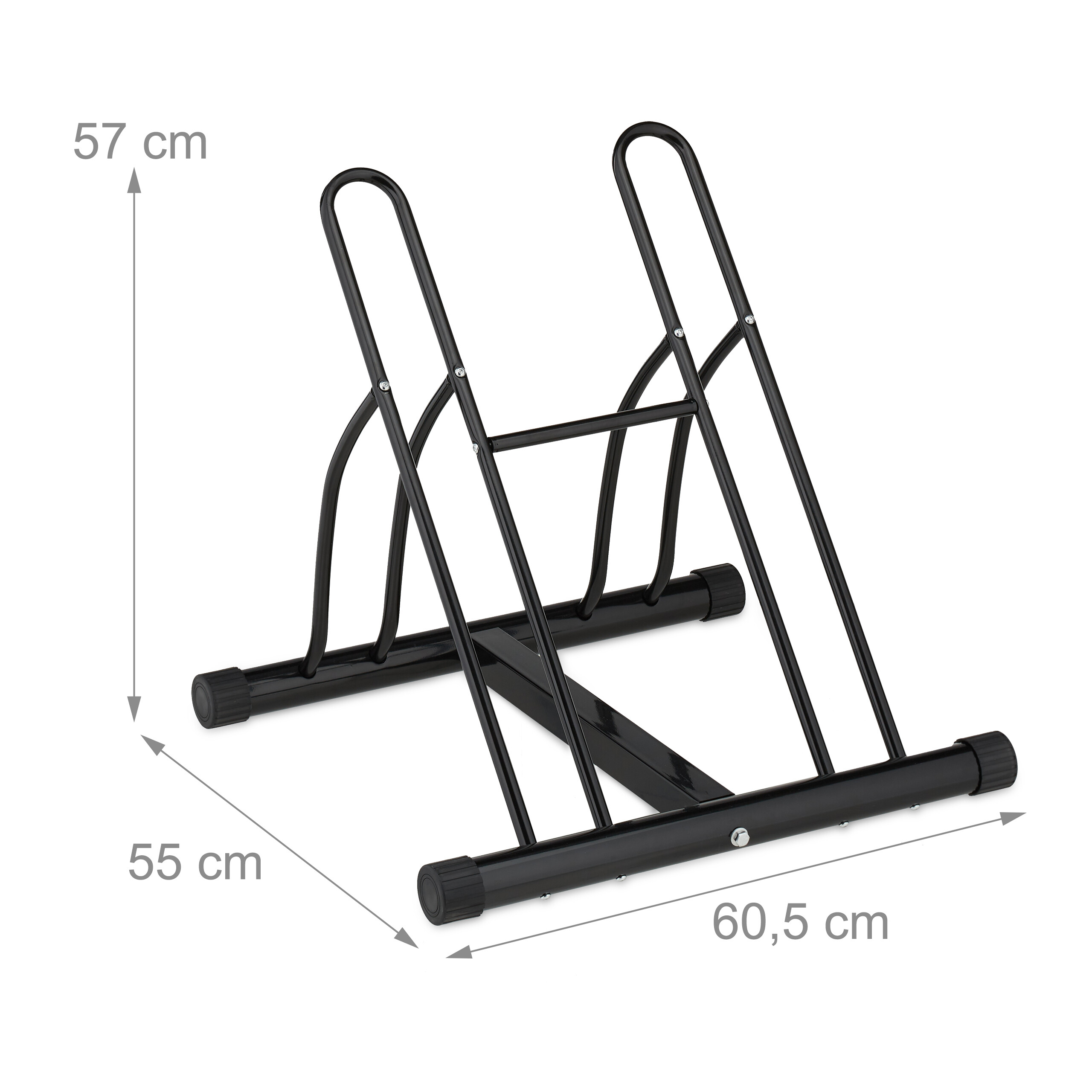 Schwarzer Metall-Fahrradständer mit Abmessungen von 60,5x55x57 cm auf weißem Hintergrund.
