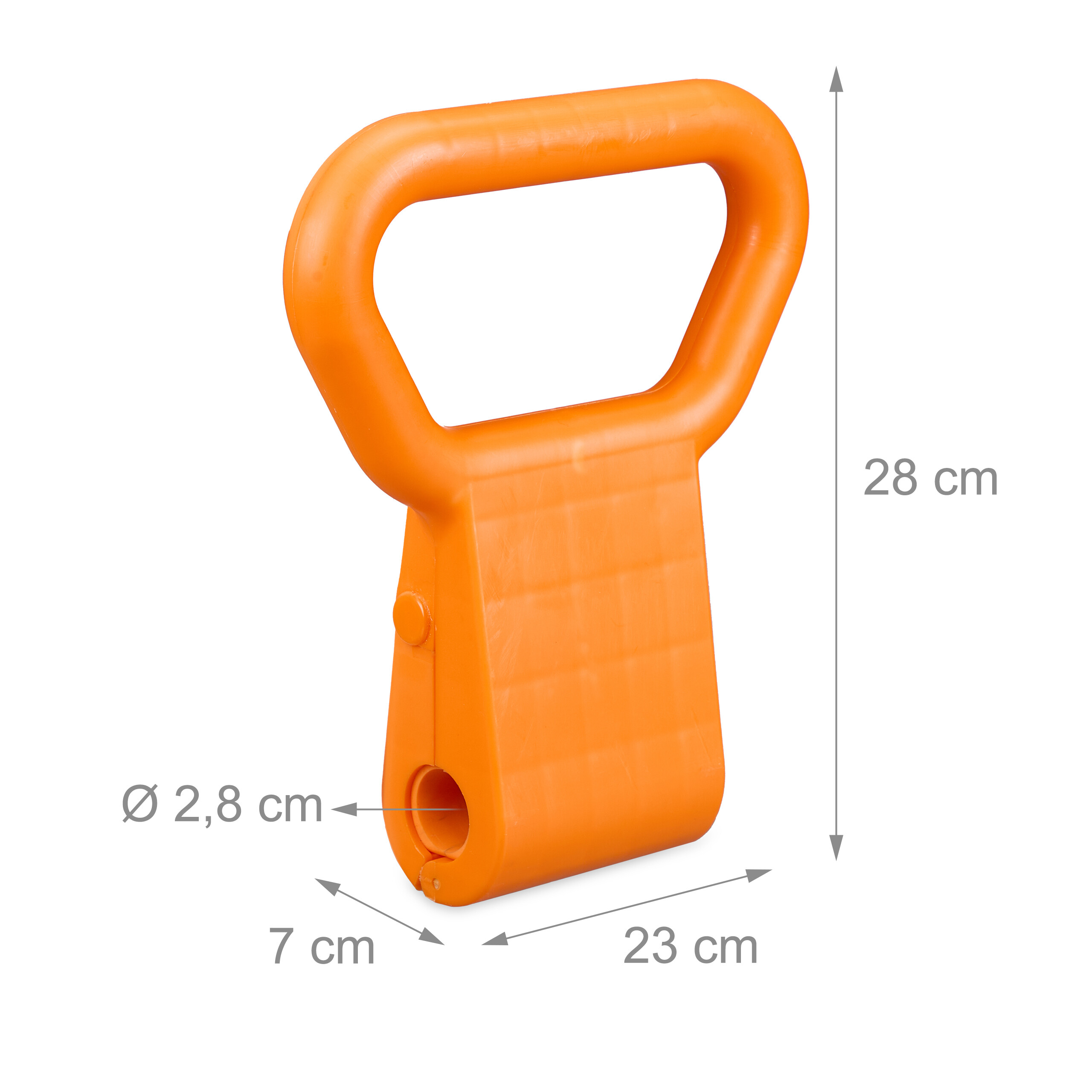 Oranger Kunststoff-Kettlebell-Griff mit Maßen: Höhe 28 cm, Breite 23 cm, Tiefe 7 cm, Lochdurchmesser 2,8 cm.