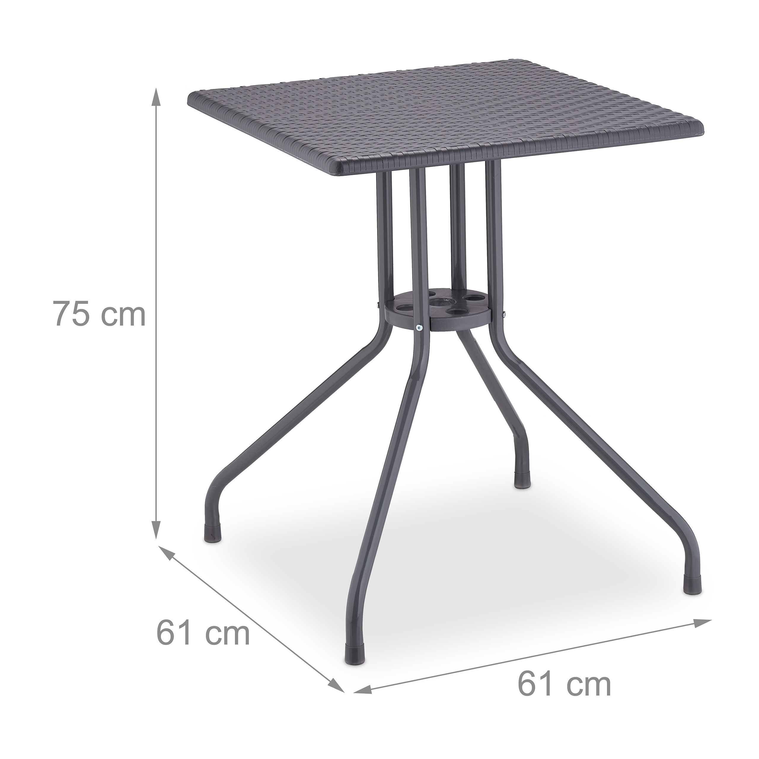 Grauer quadratischer Gartentisch mit Metallbeinen und Maßen von 75x61x61 cm vor weißem Hintergrund.